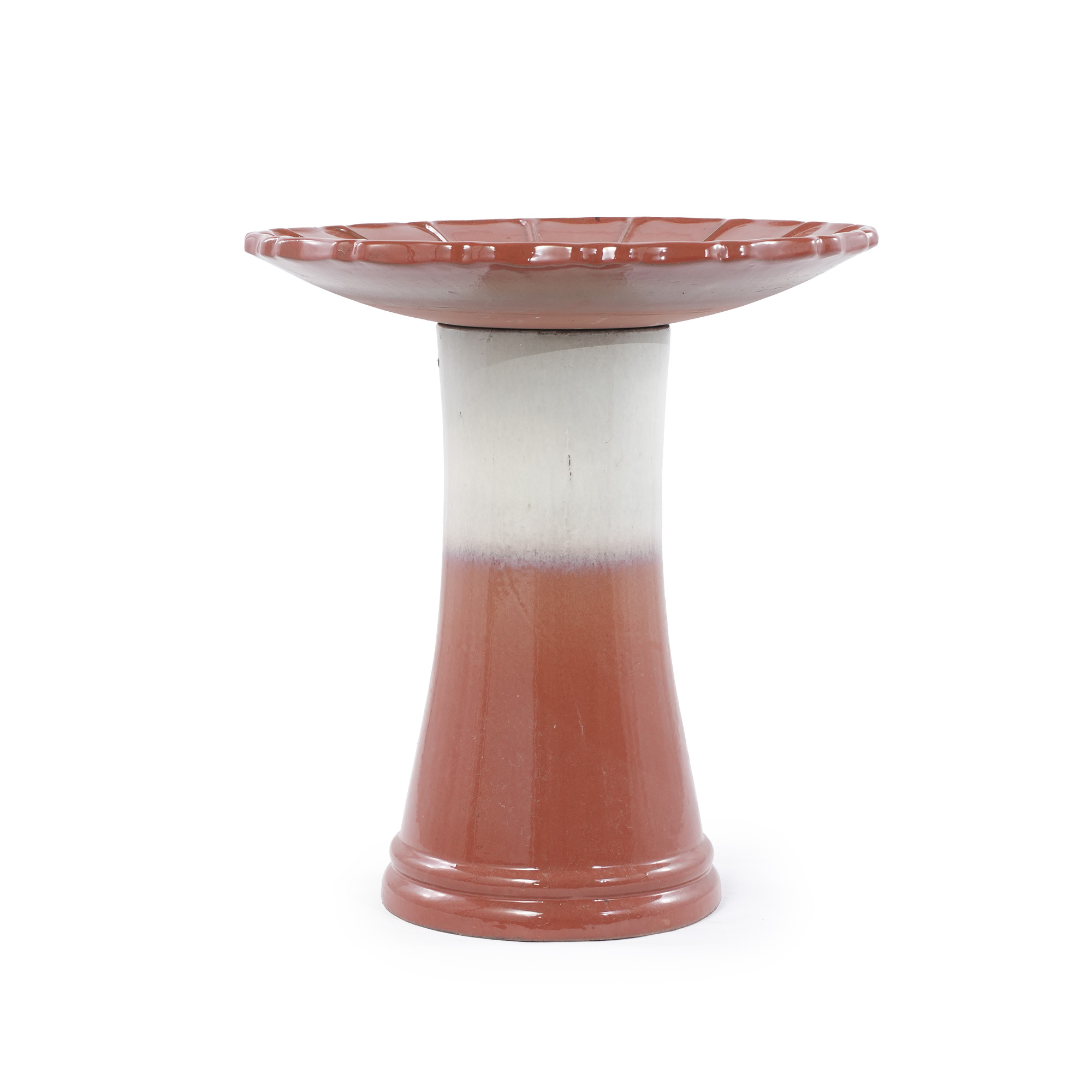 Glaçure bicolore brun‑rouge‑blanc, rainures fleuries estampées, pièce unique artisanale