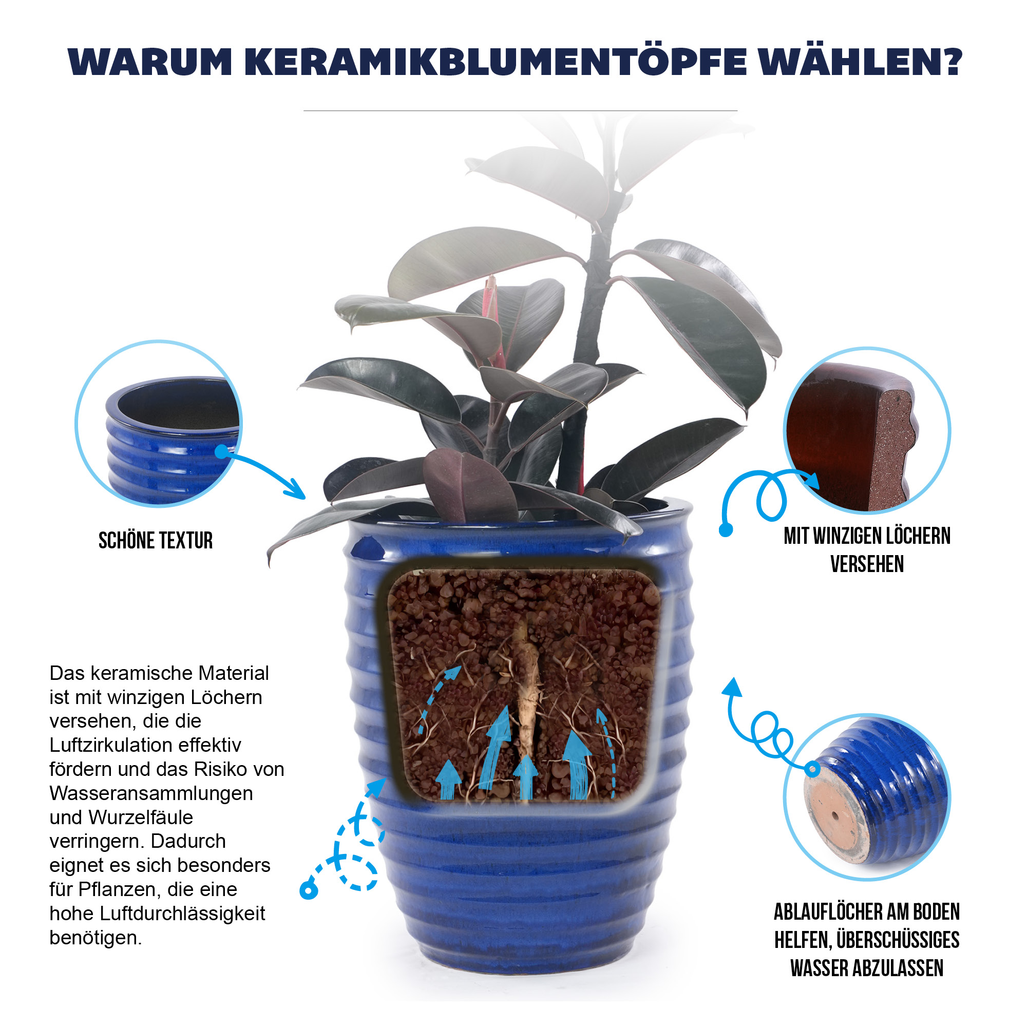 Grand pot céramique bleu‑roi vue générale