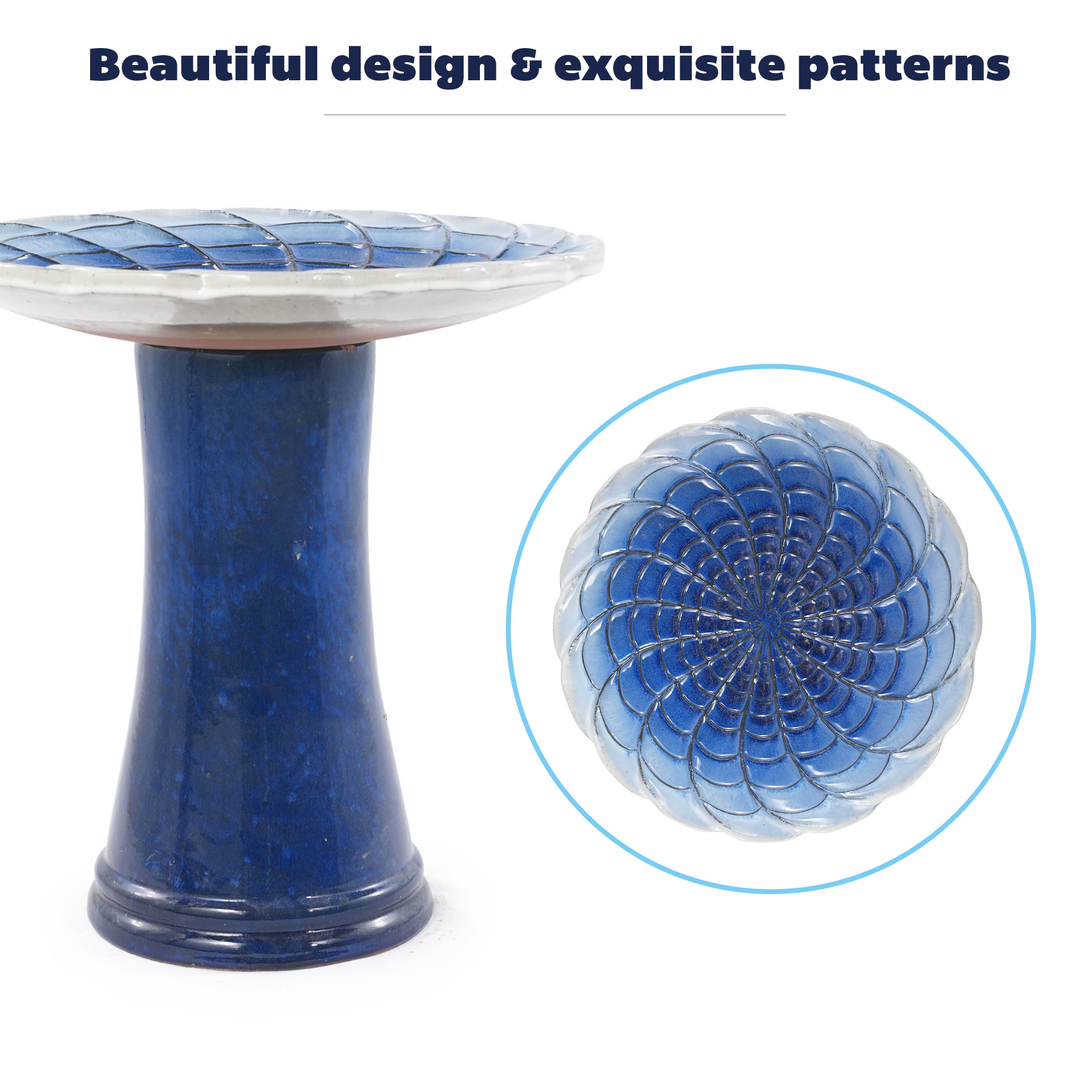 Relief écaillé radial, glaçure dégradée bleu‑roi‑blanc, glaçure à éclaboussures sur pied