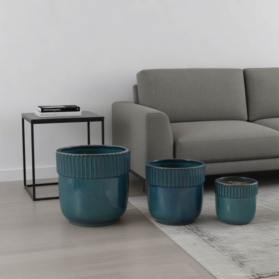 Lot de 3 pots céramiques turquoise‑bleu brillant vue générale