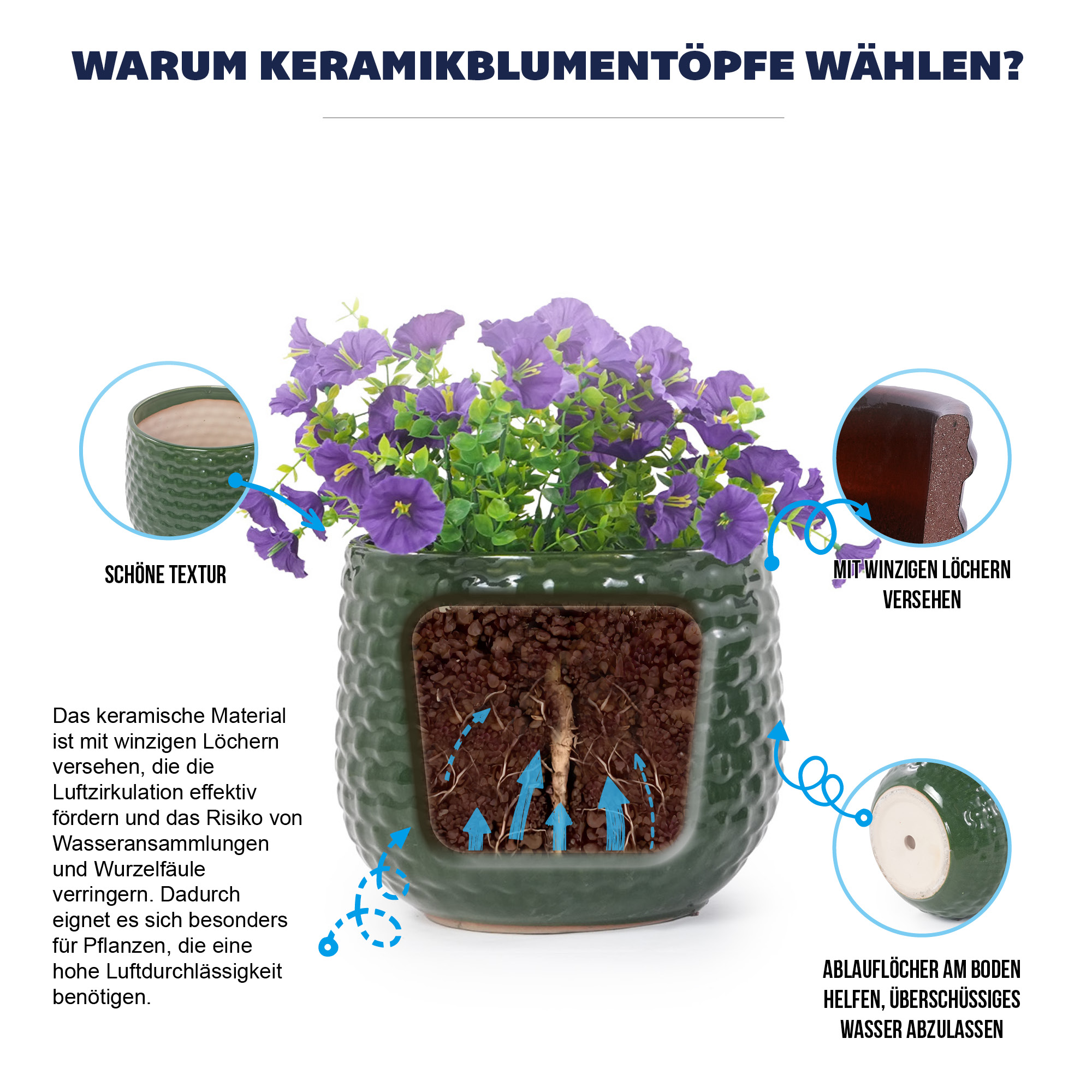 Lot de 3 pots céramiques ventrus vert‑foncé vue générale