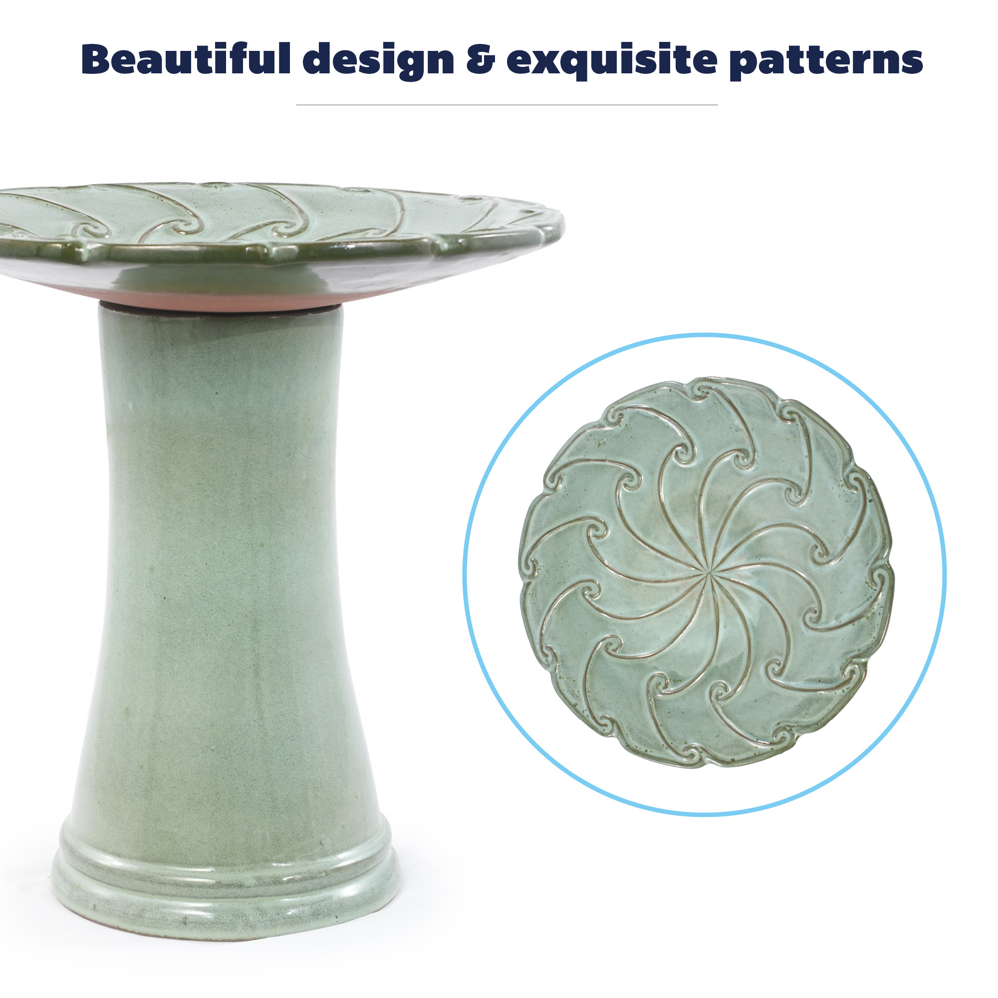 Glaçure vert‑clair brillante, bord bol à finition foncée, relief sillons tourbillon radial