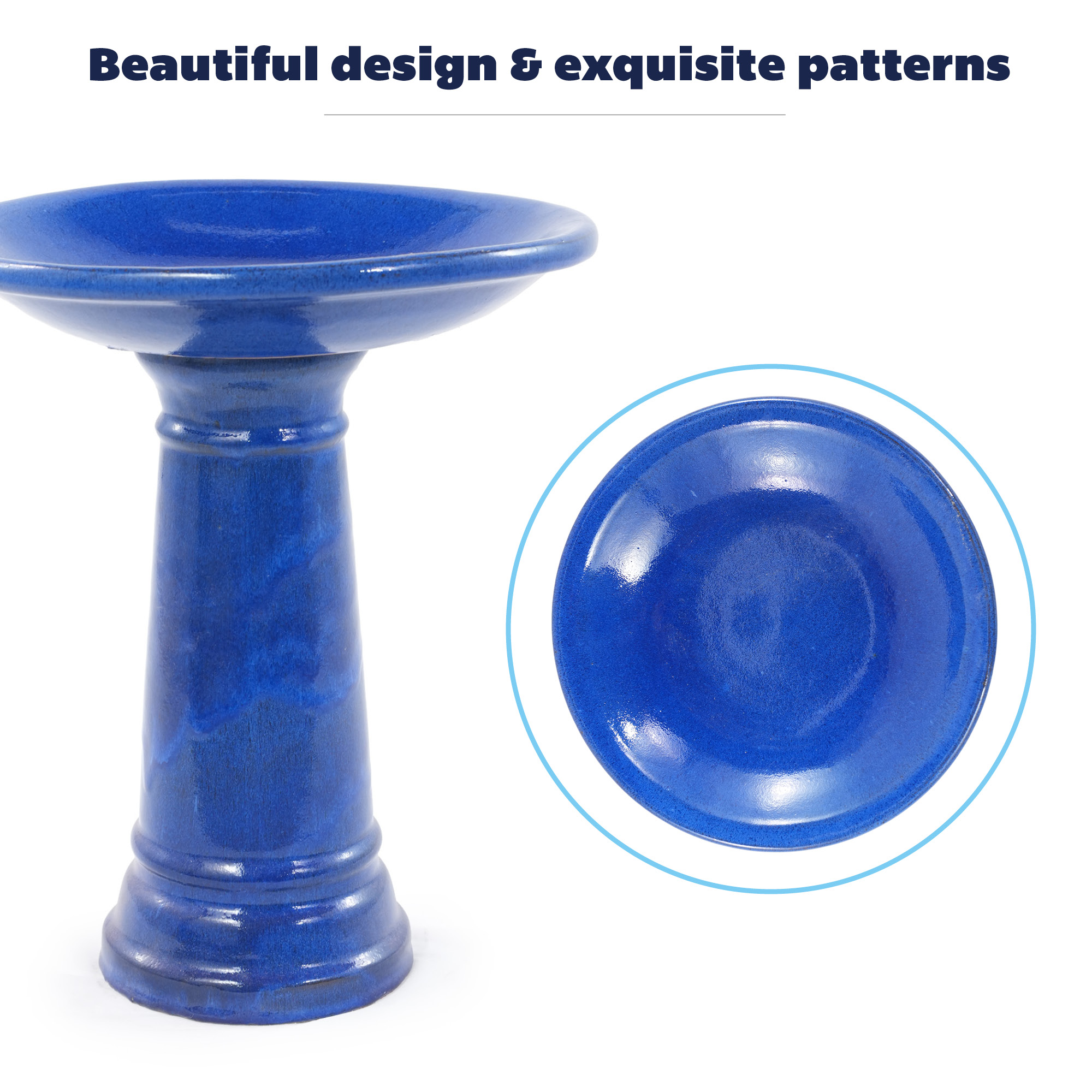 Glaçure bleu‑roi brillante, cuisson haute‑température, éclaboussures et dégradés naturels uniques