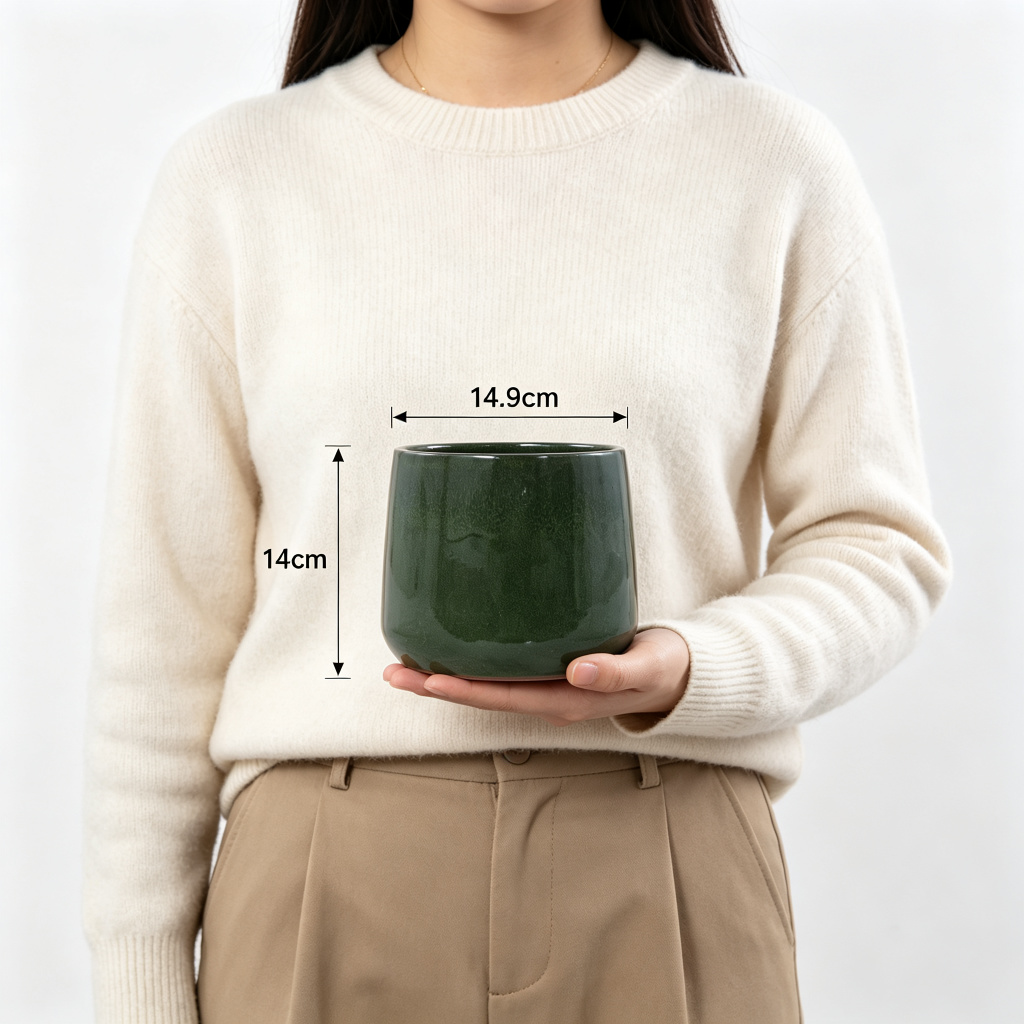 Forme conique minimaliste, glaçure vert‑foncé brillante, reflet lumineux, style scandi‑campagne‑moderne