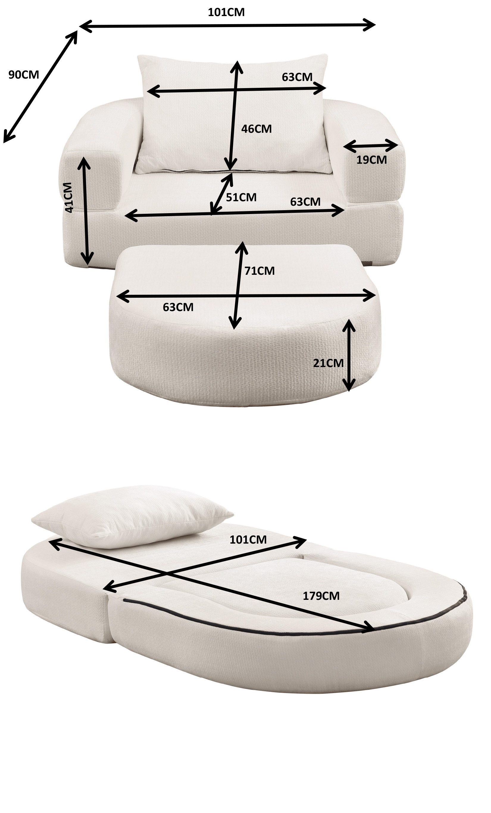 Dimensions du fauteuil convertible