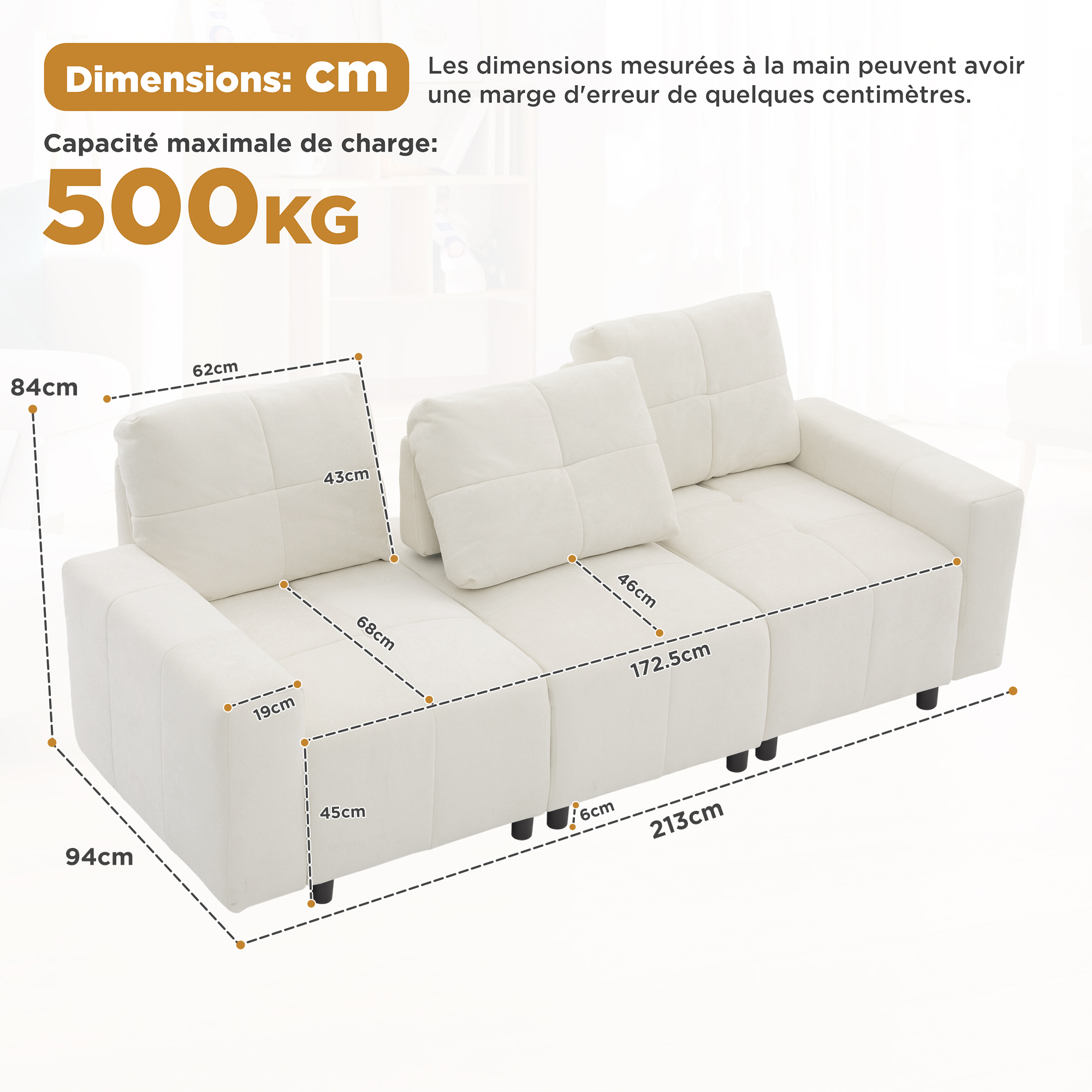 Dimensions canapé 213x94x84 cm charge 500kg