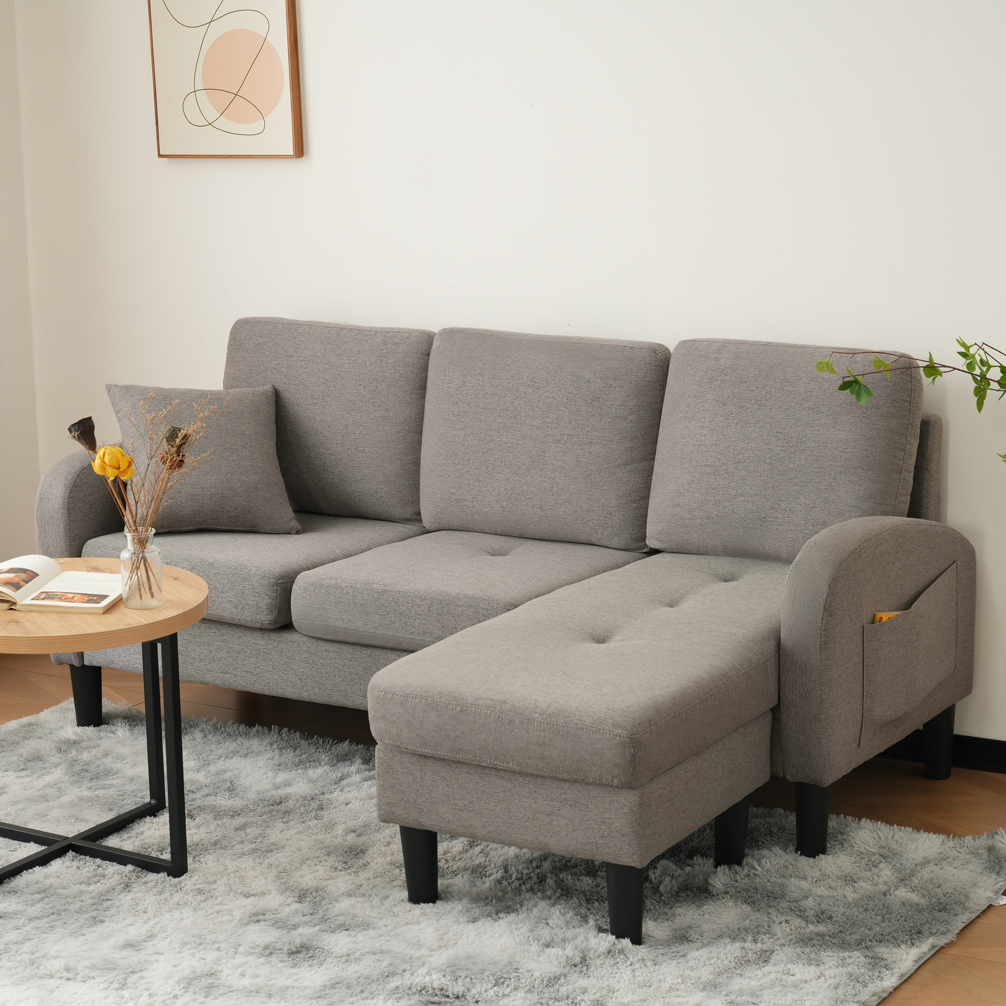 Canapé d angle 3 places en lin avec chaiselongue - vue 2
