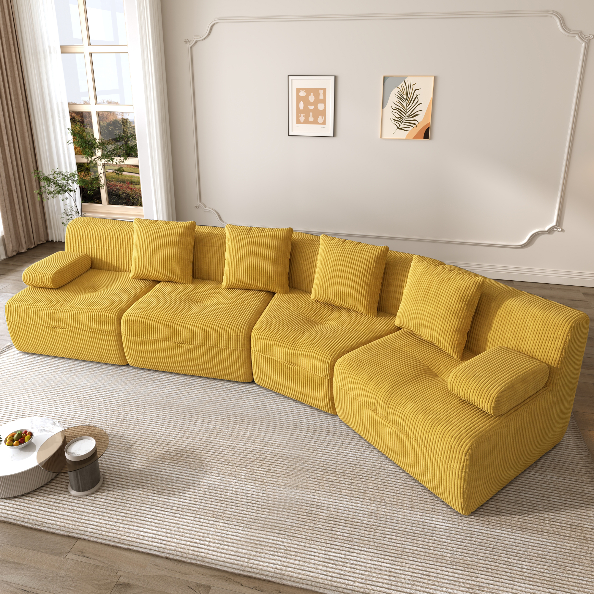 Canapé 4 places 311 x 90 x 65 cm, modulable, sans montage, en velours côtelé, Bright yellow - vue principale