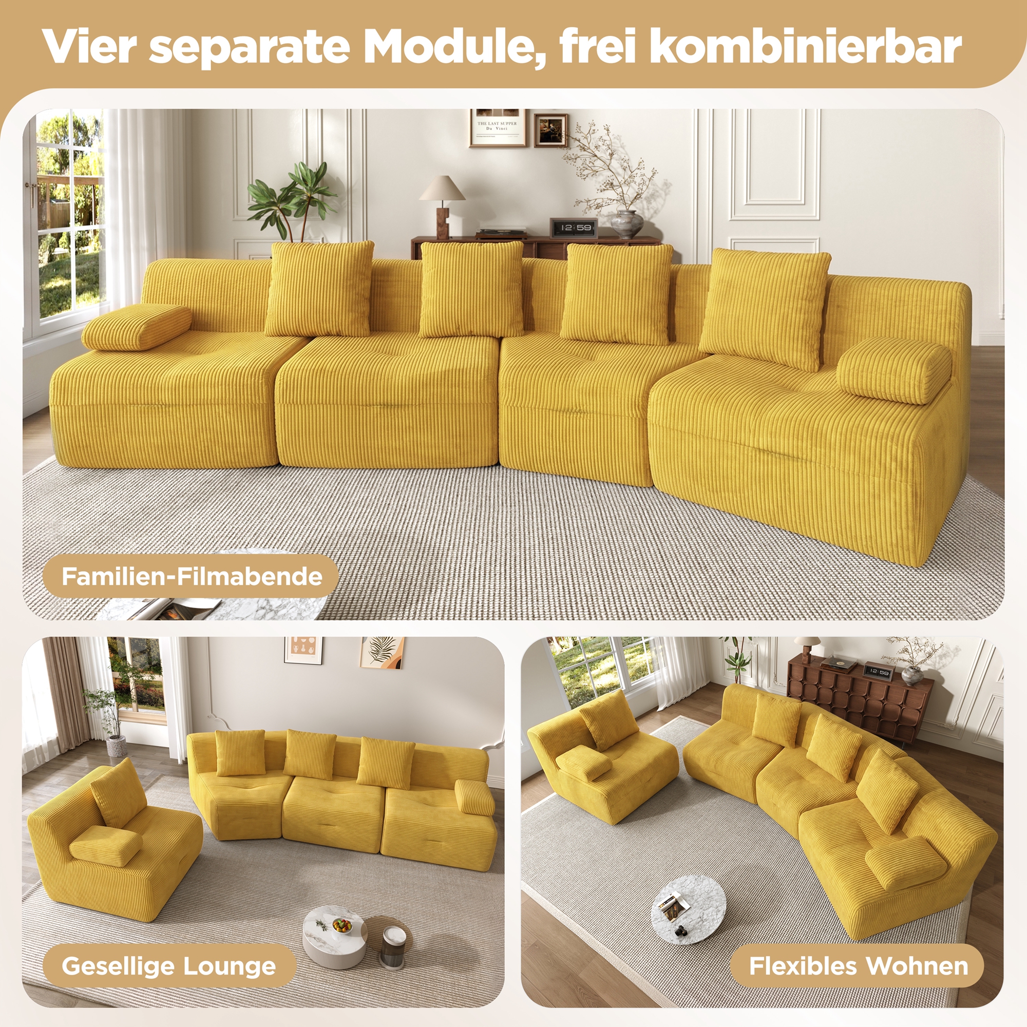 Canapé 4 places 311 x 90 x 65 cm, modulable, sans montage, en velours côtelé, Bright yellow - dimensions et spécifications