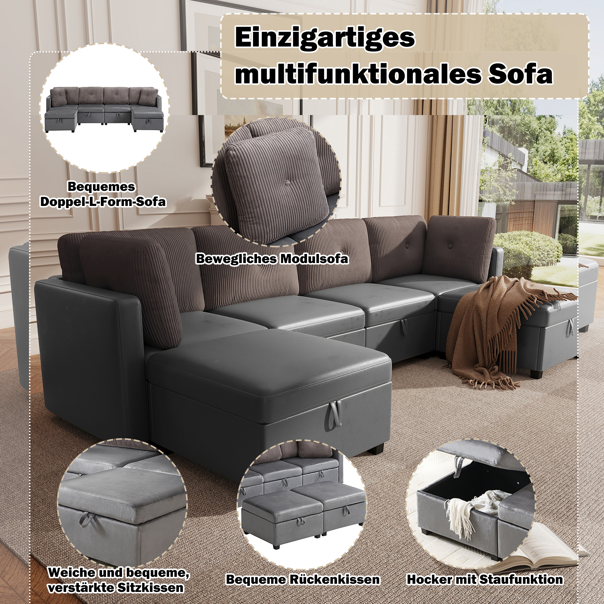 Détail du canapé modulable avec rangement sous assise