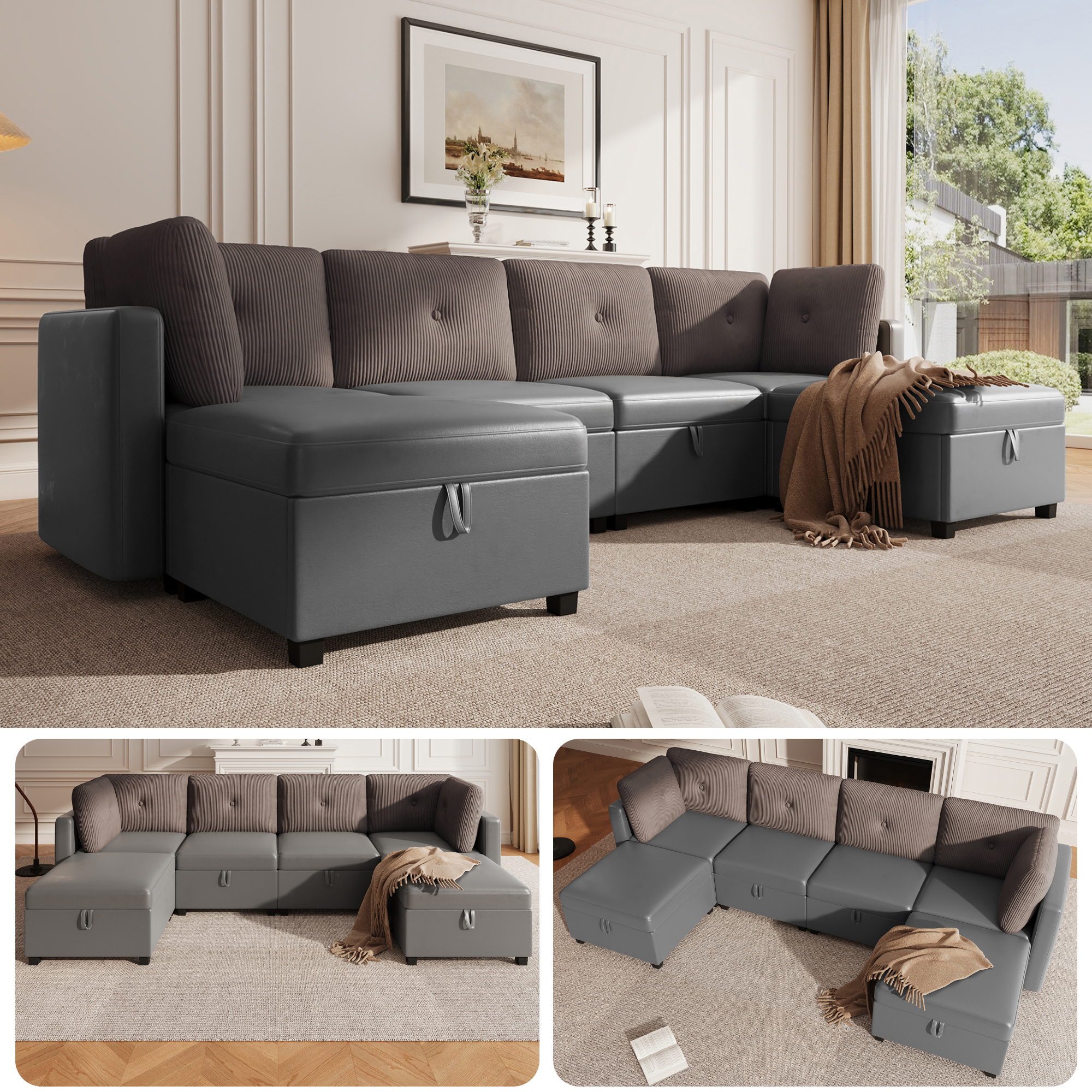 Canapé modulaire U 6 places gris antique velours rangement