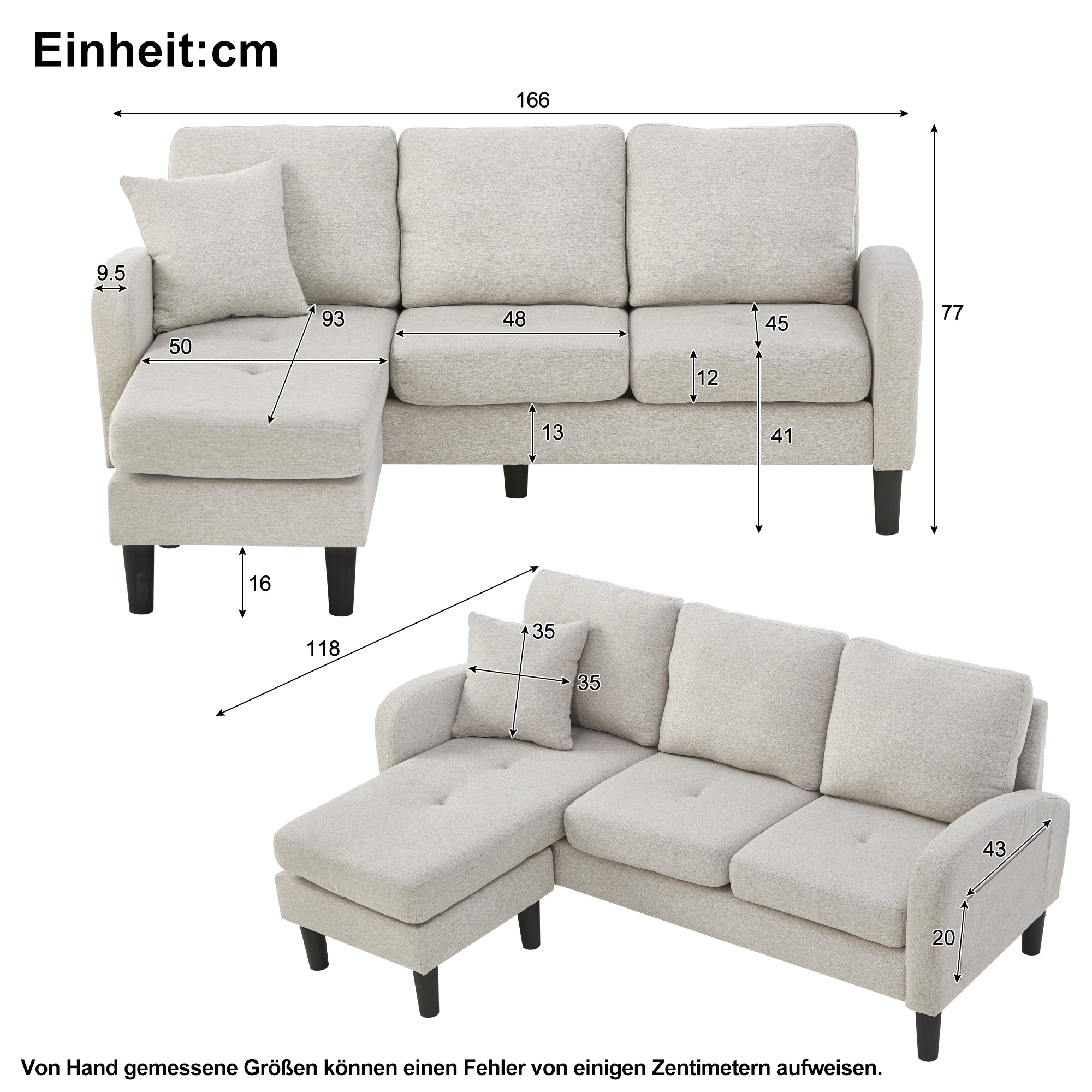 Dimensions canapé angle 166x118x77 cm
