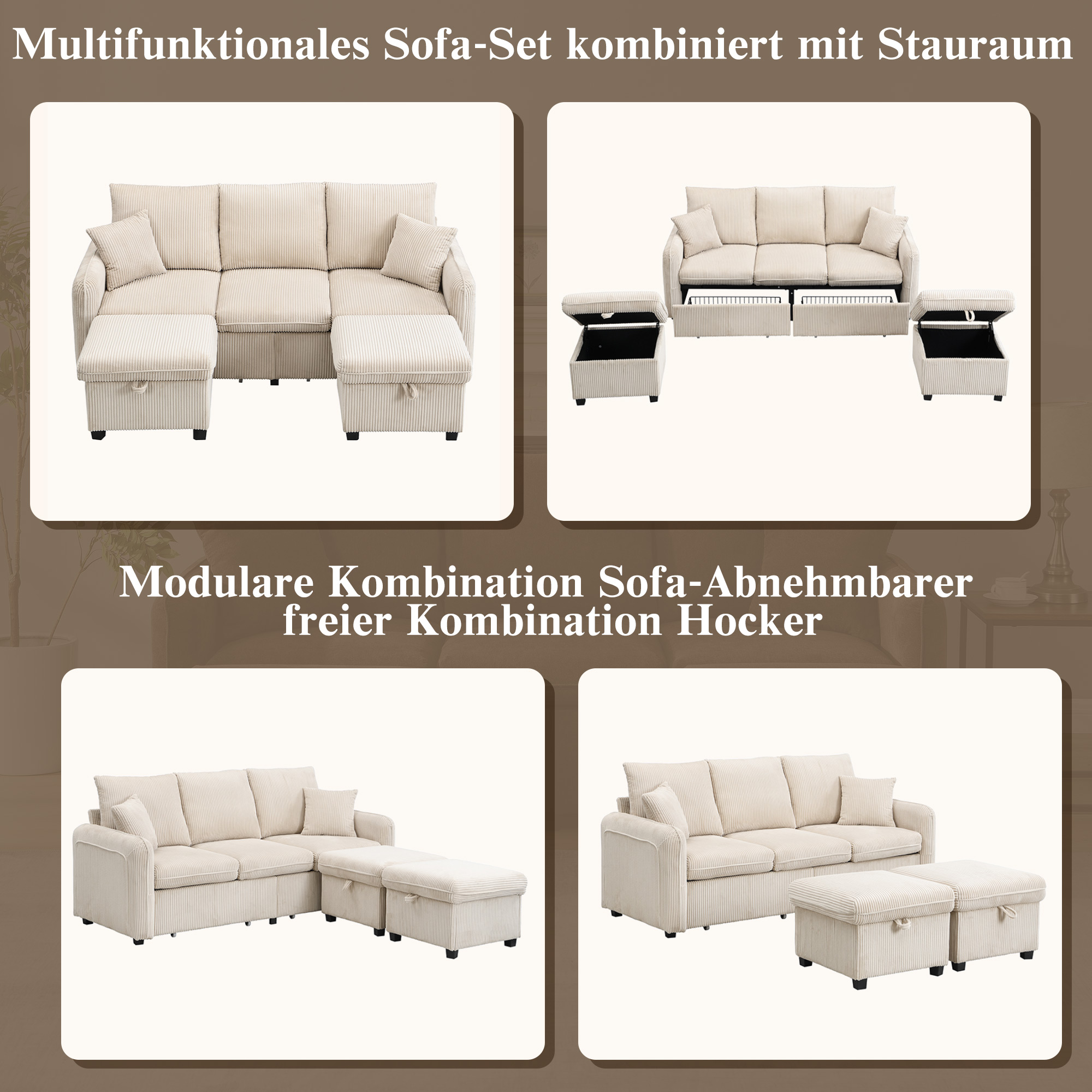 Canapé angle 3 places beige velours côtelé rangement poufs
