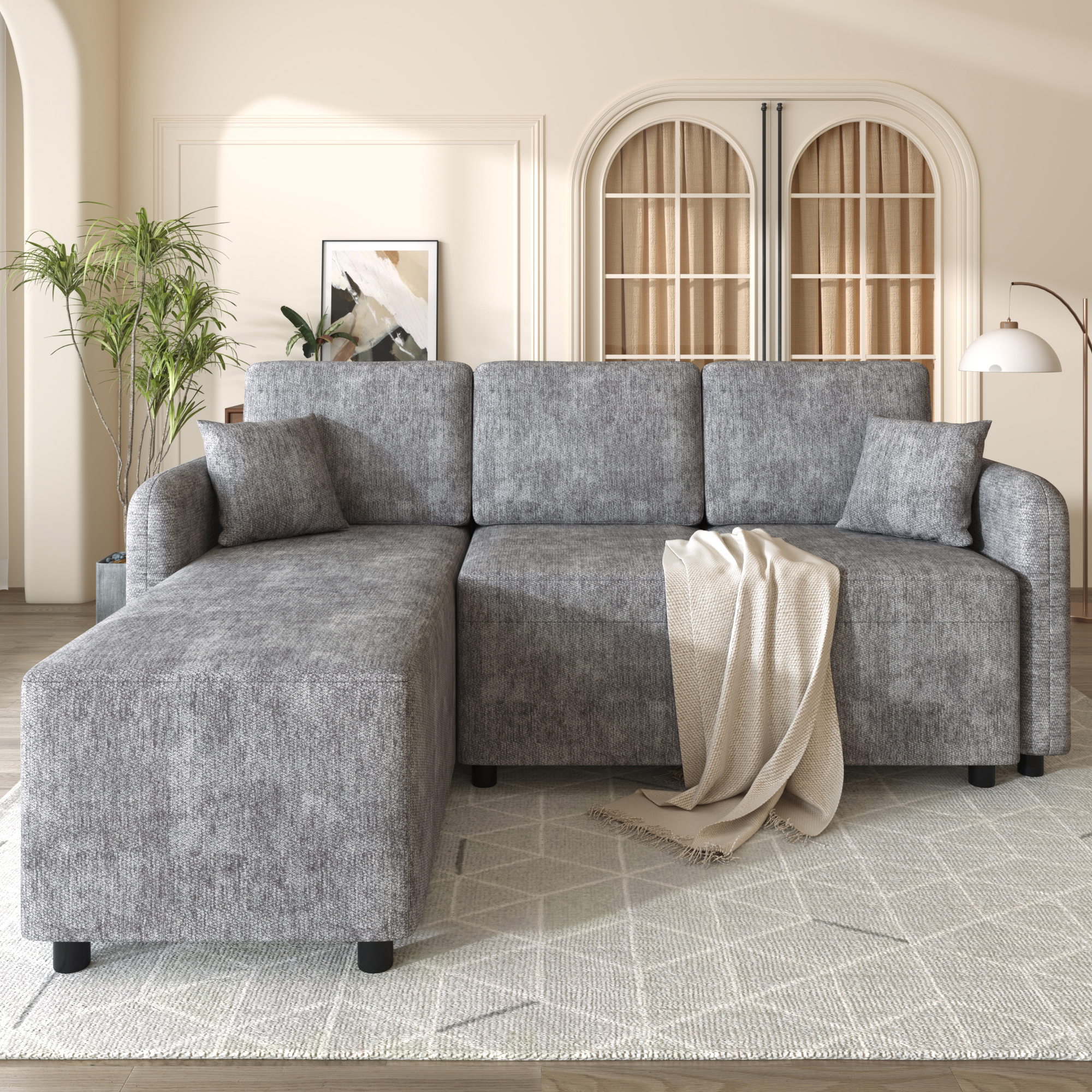 Canapé d’angle en L 3 places 187,5 x 144 x 85,5 cm, en chenille, Gris - vue principale