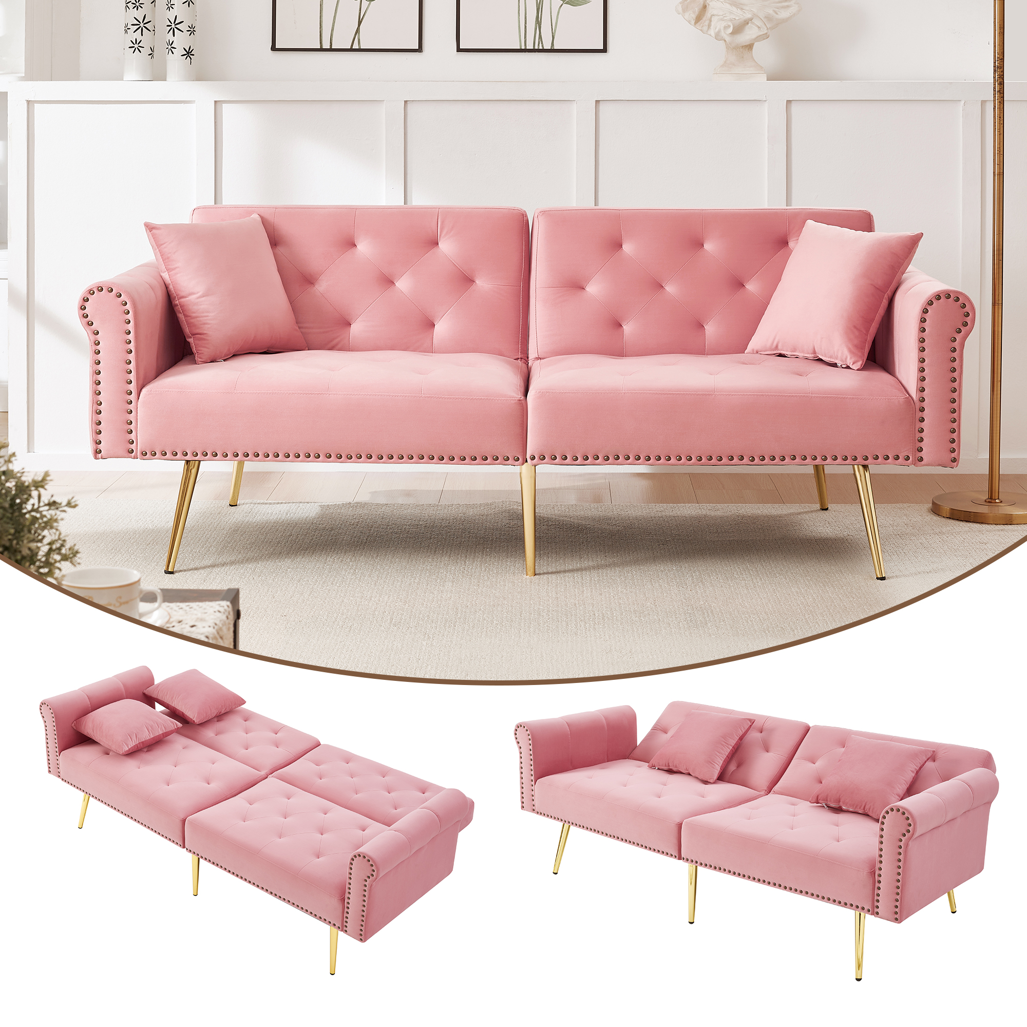 Modernes 2-Sitzer-Schlafsofa – Samtbezug, Rückenle