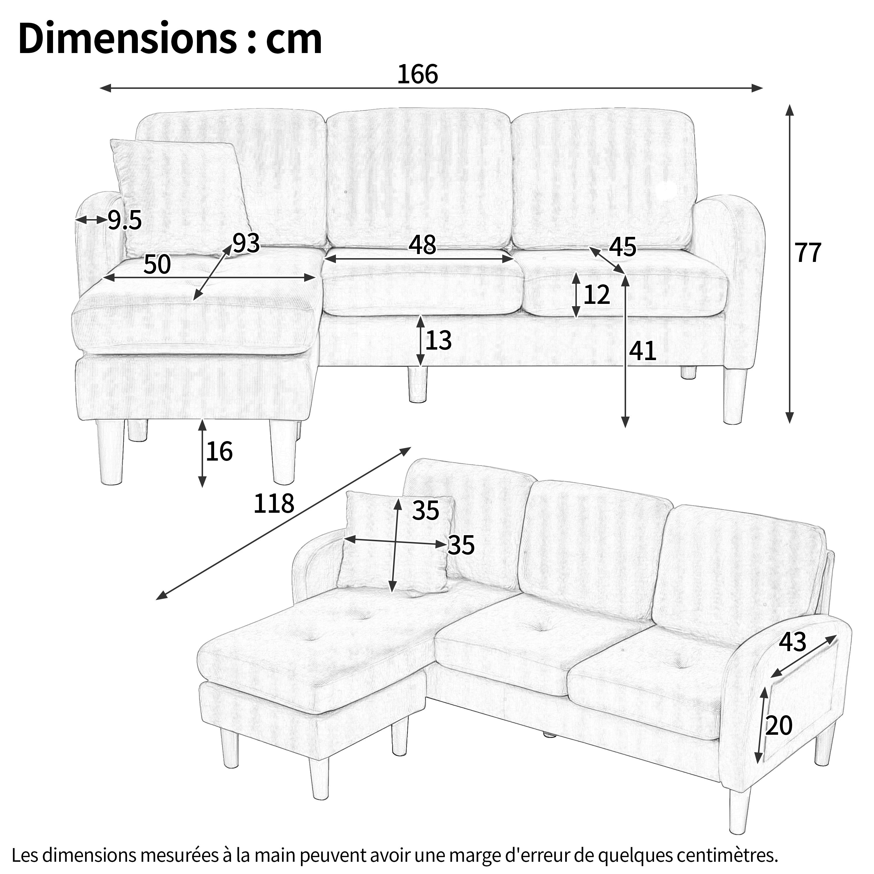 Dimensions canapé angle 166x118x77 cm