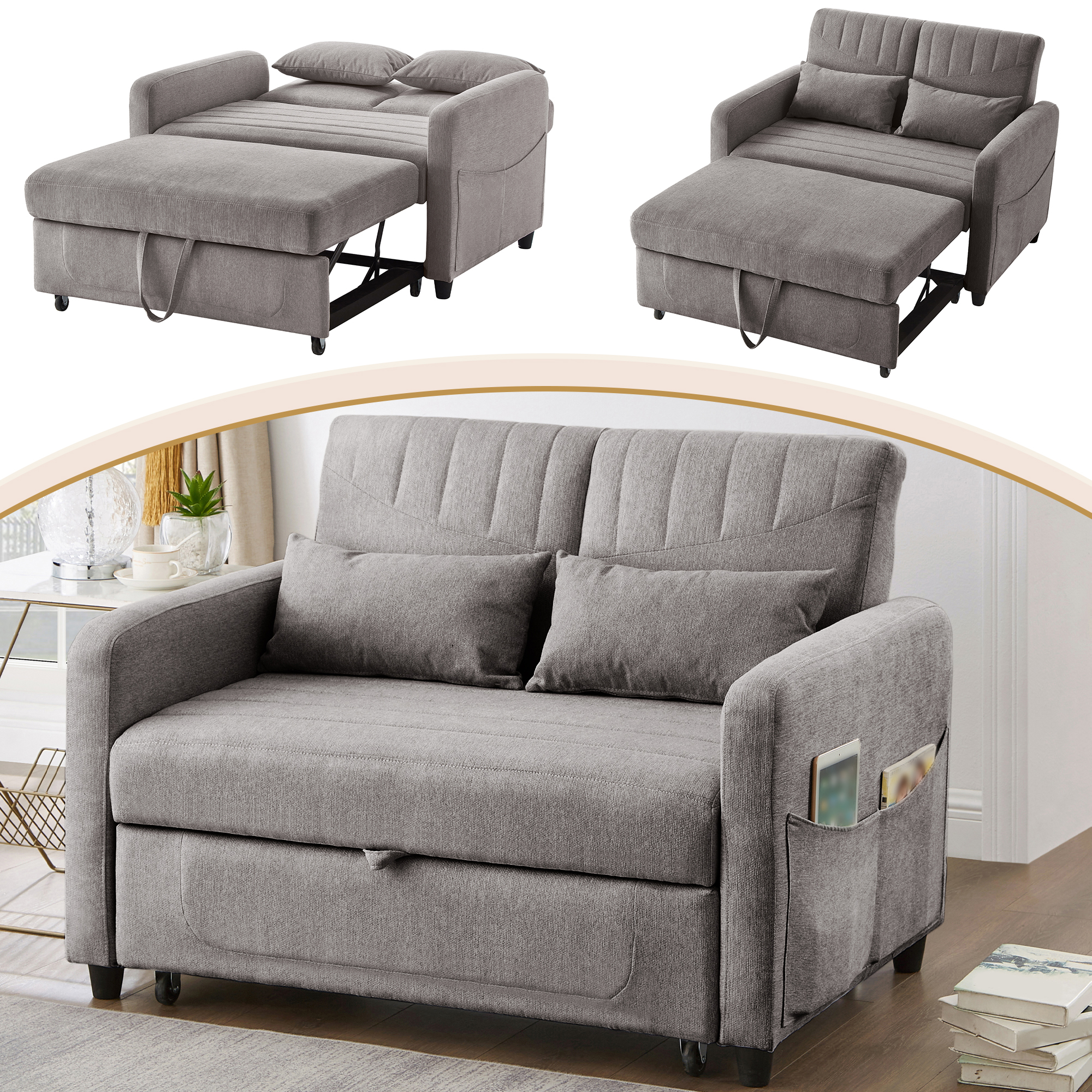 Canapé-lit 2 places escamotable gris design moderne - vue 2