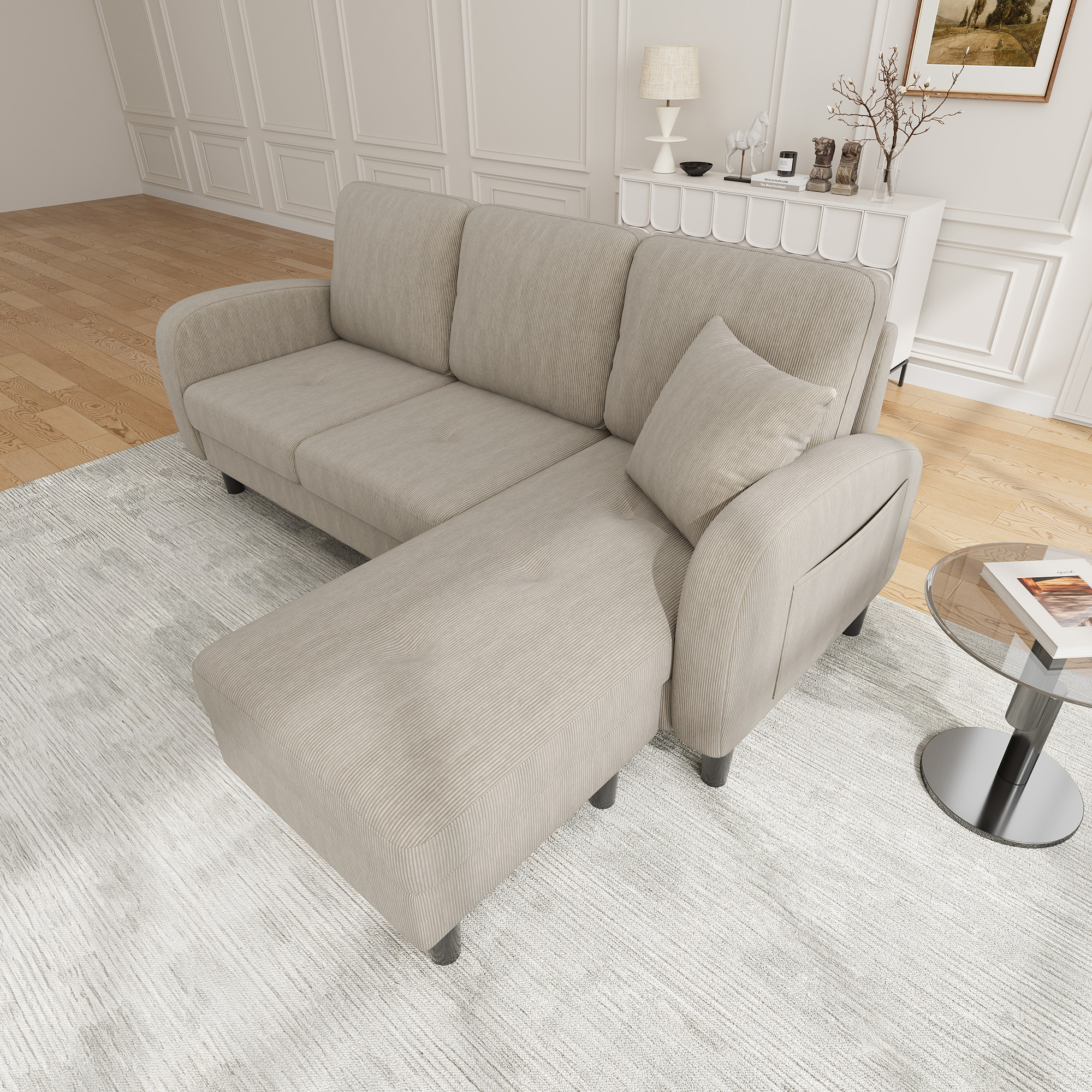 Canapé angle L 3 places gris clair velours côtelé modulable