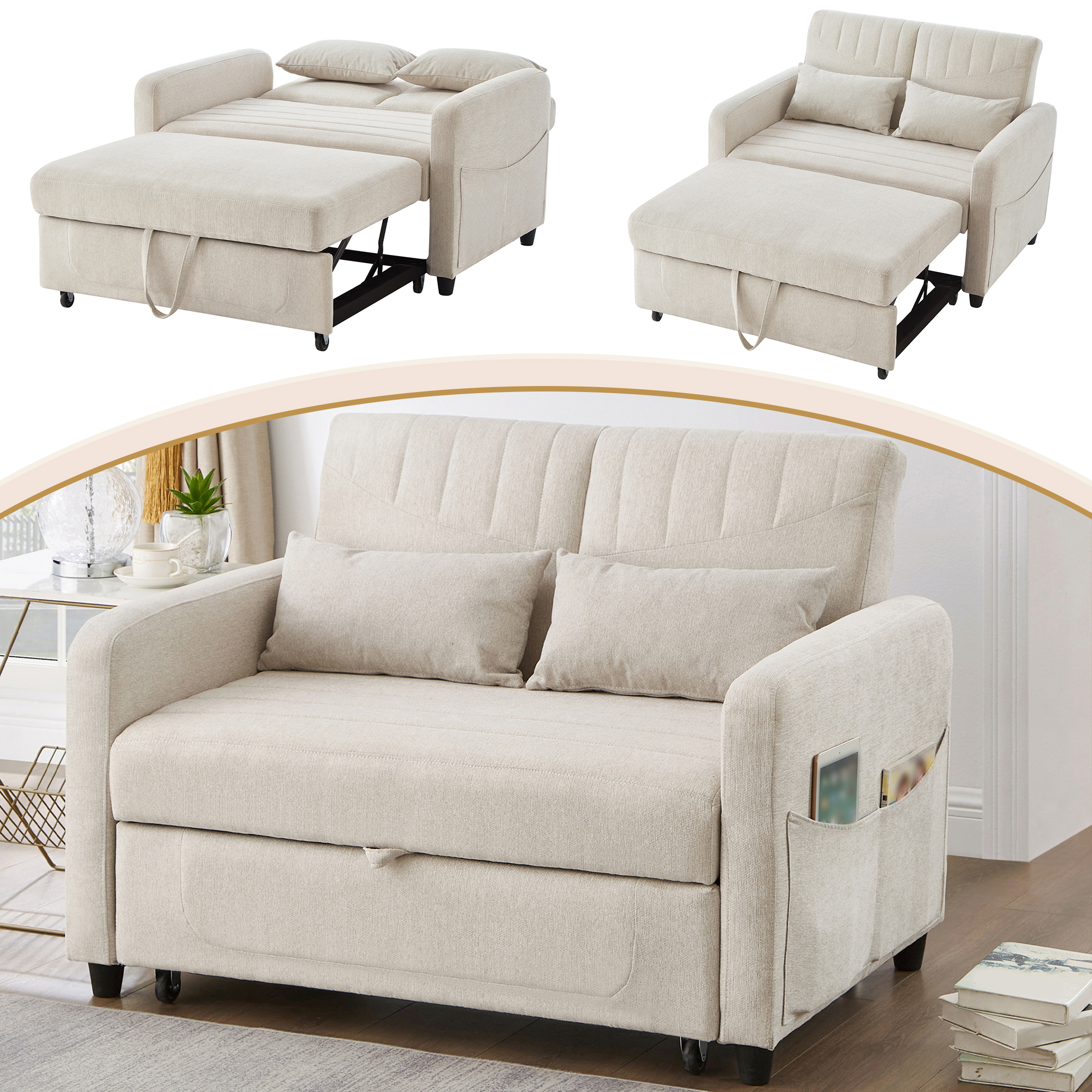 Canapé-lit 2 places escamotable beige design moderne - vue 2