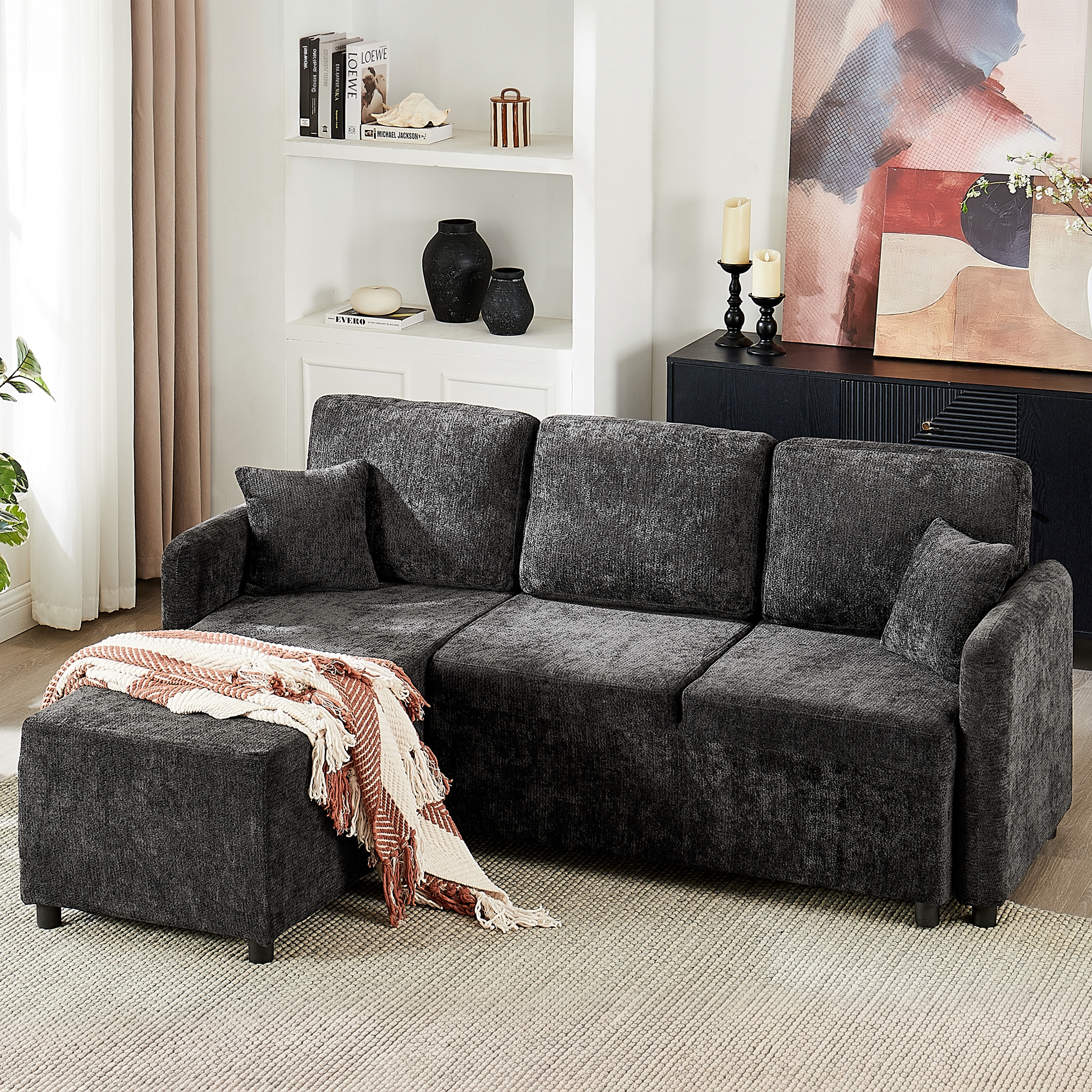 Canapé d’angle en L 3 places 187,5 x 144 x 85,5 cm, en chenille, Noir - vue principale