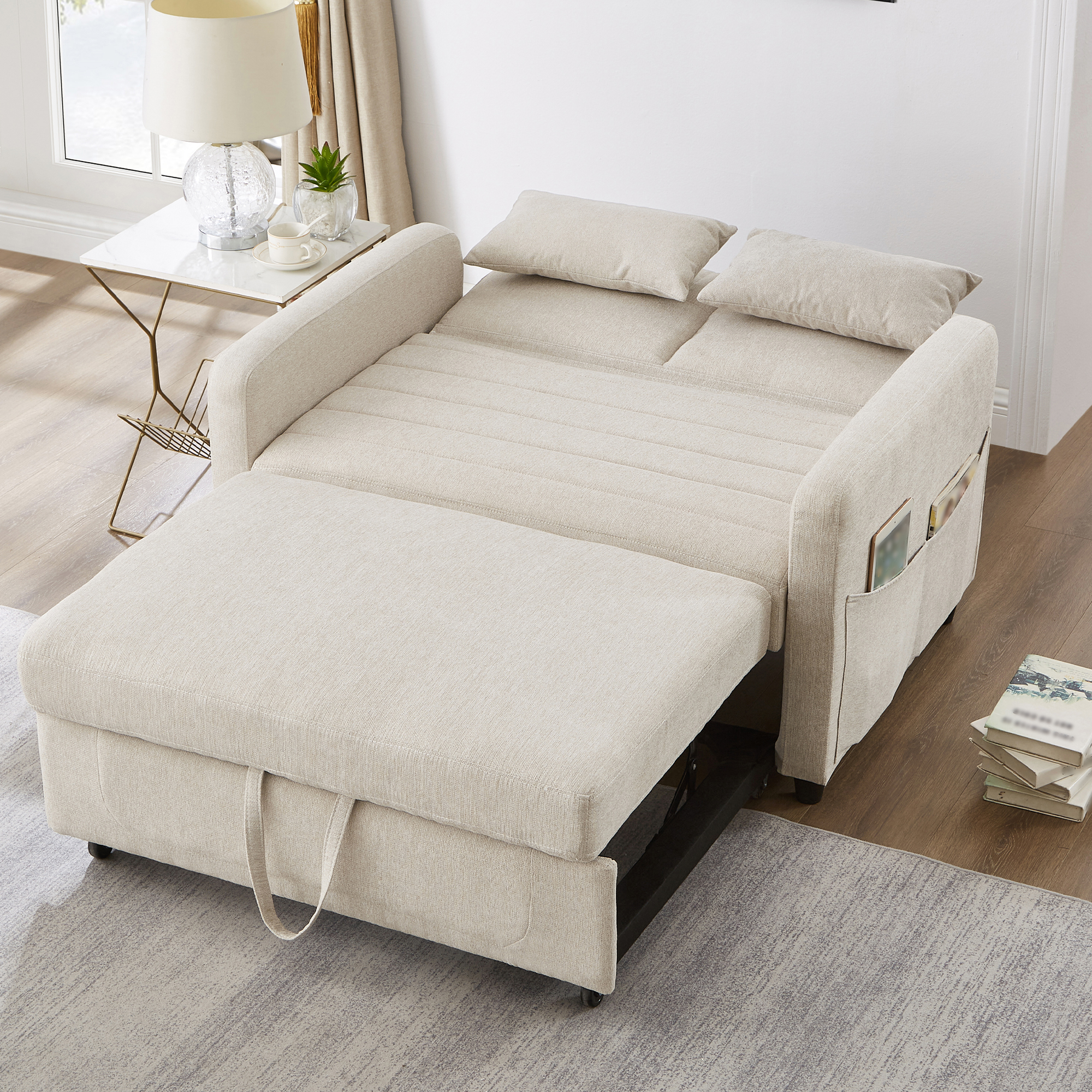 Canapé-lit 2 places escamotable beige design moderne - vue 4