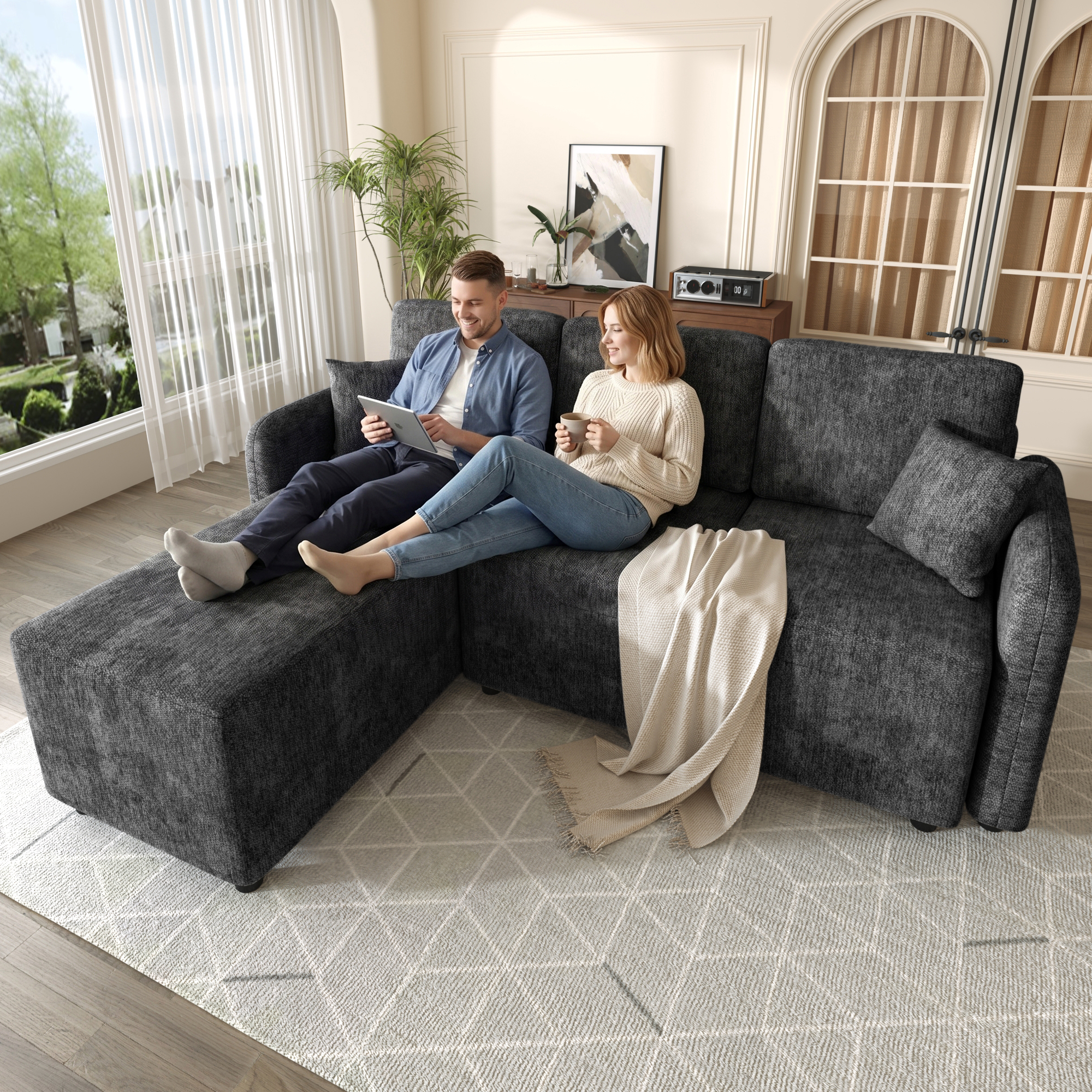 L-Form Ecksofa 3-Sitzer mit langer Liegefläche (14