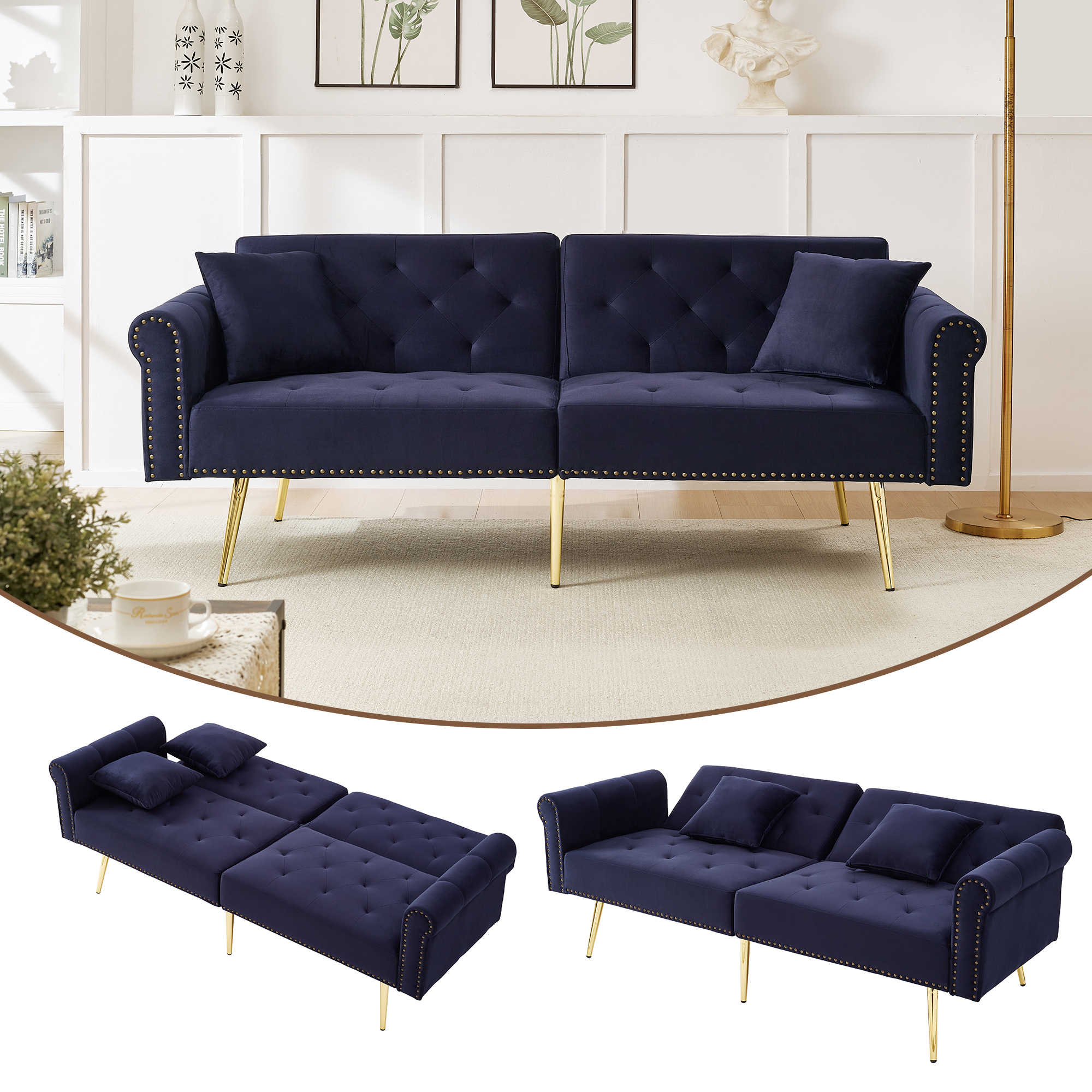 Modernes 2-Sitzer-Schlafsofa – Samtbezug, Rückenle