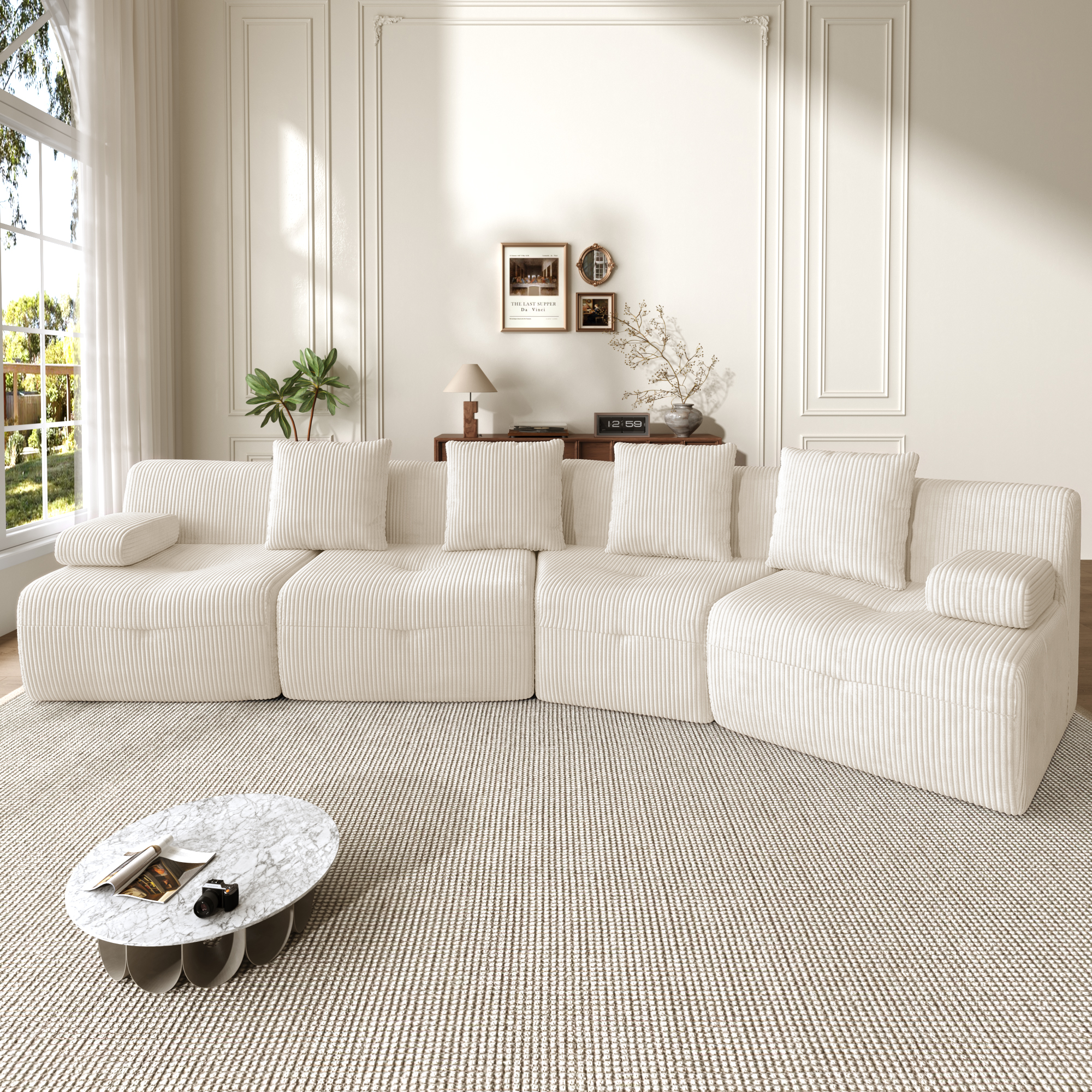 Canapé 4 places 311 x 90 x 65 cm, modulable, sans montage, en velours côtelé, Light beige - vue principale