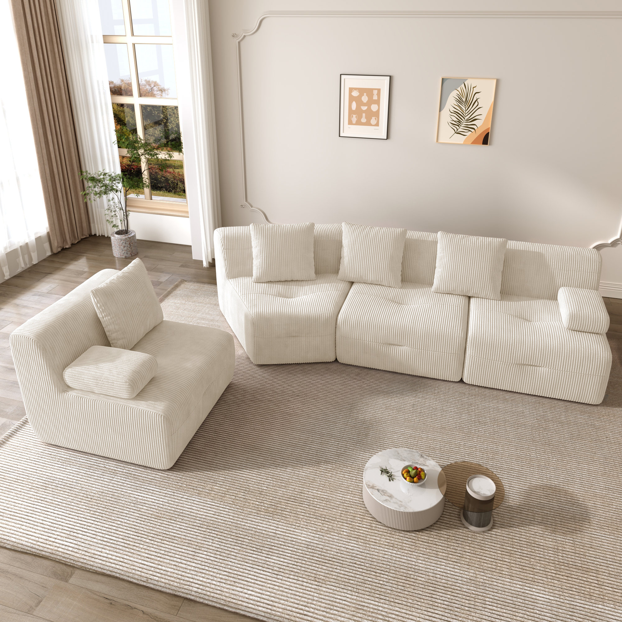 Canapé 4 places 311 x 90 x 65 cm, modulable, sans montage, en velours côtelé, Light beige - dimensions et spécifications