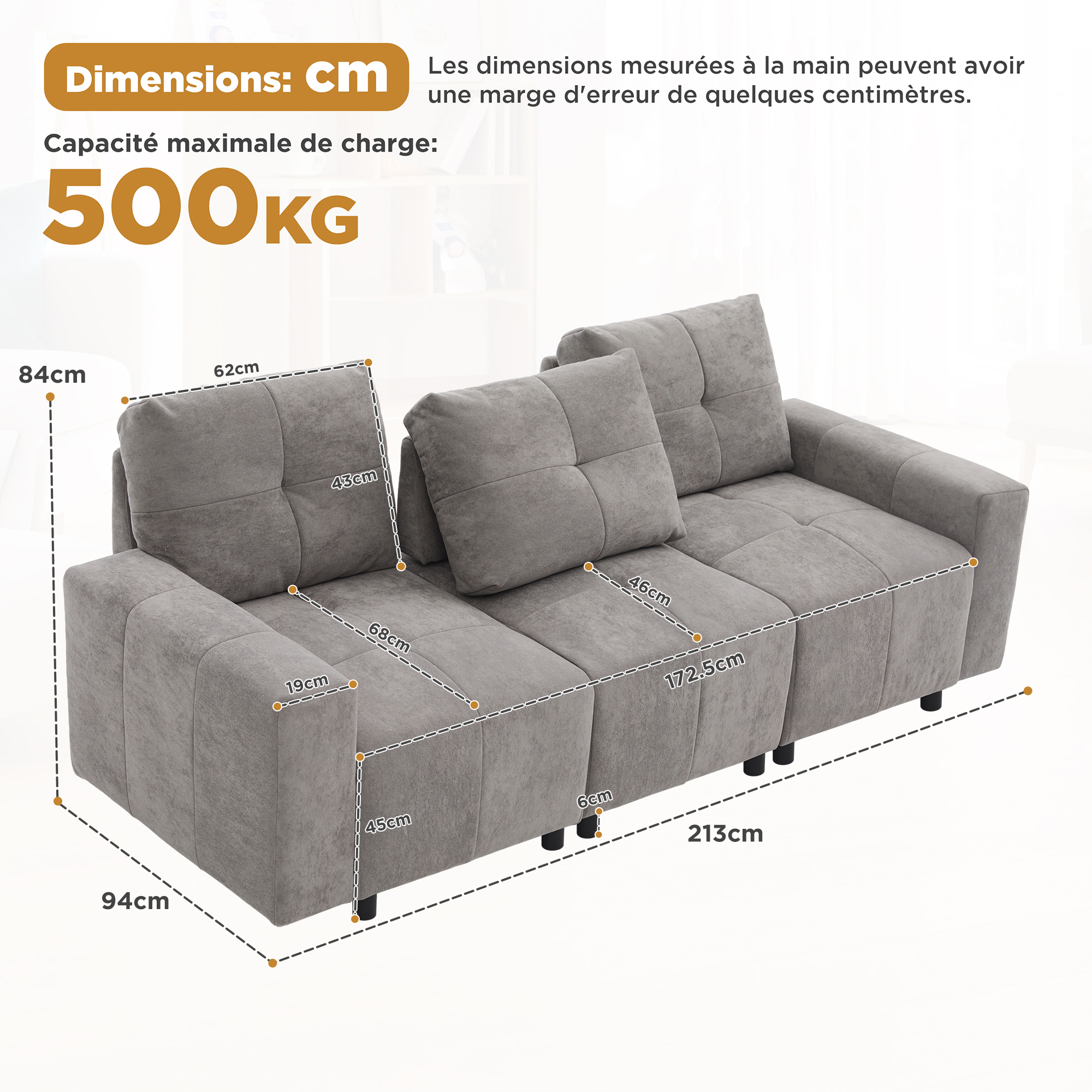 Dimensions canapé 213x94x84 cm charge 500kg