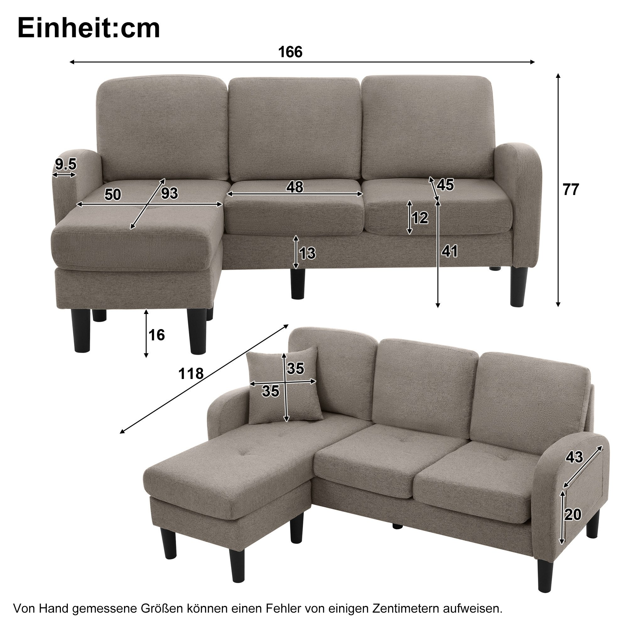 Dimensions canapé angle 166x118x77 cm