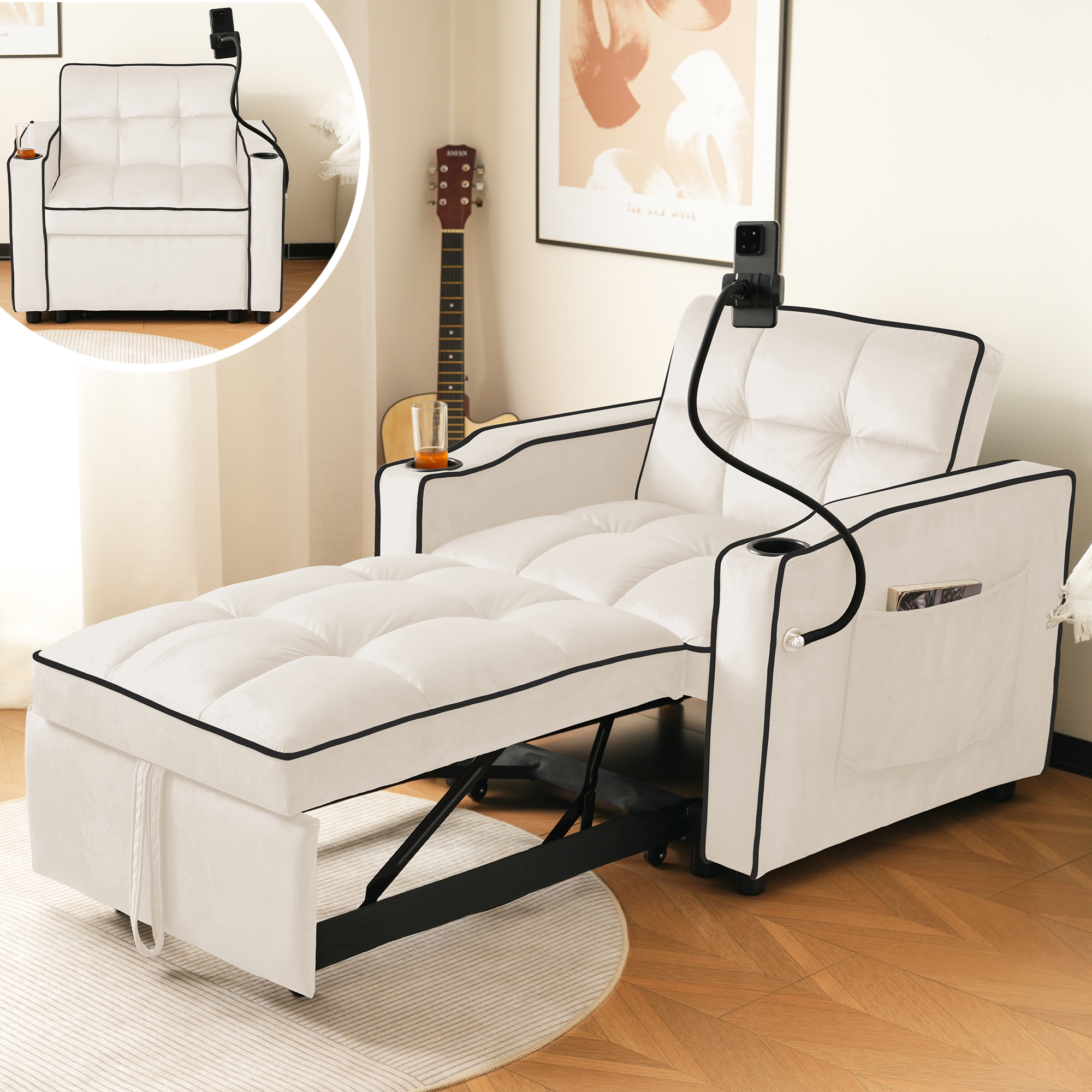 3-in-1 Ausziehbares Einzel-Schlafsofa – Mit Geträn