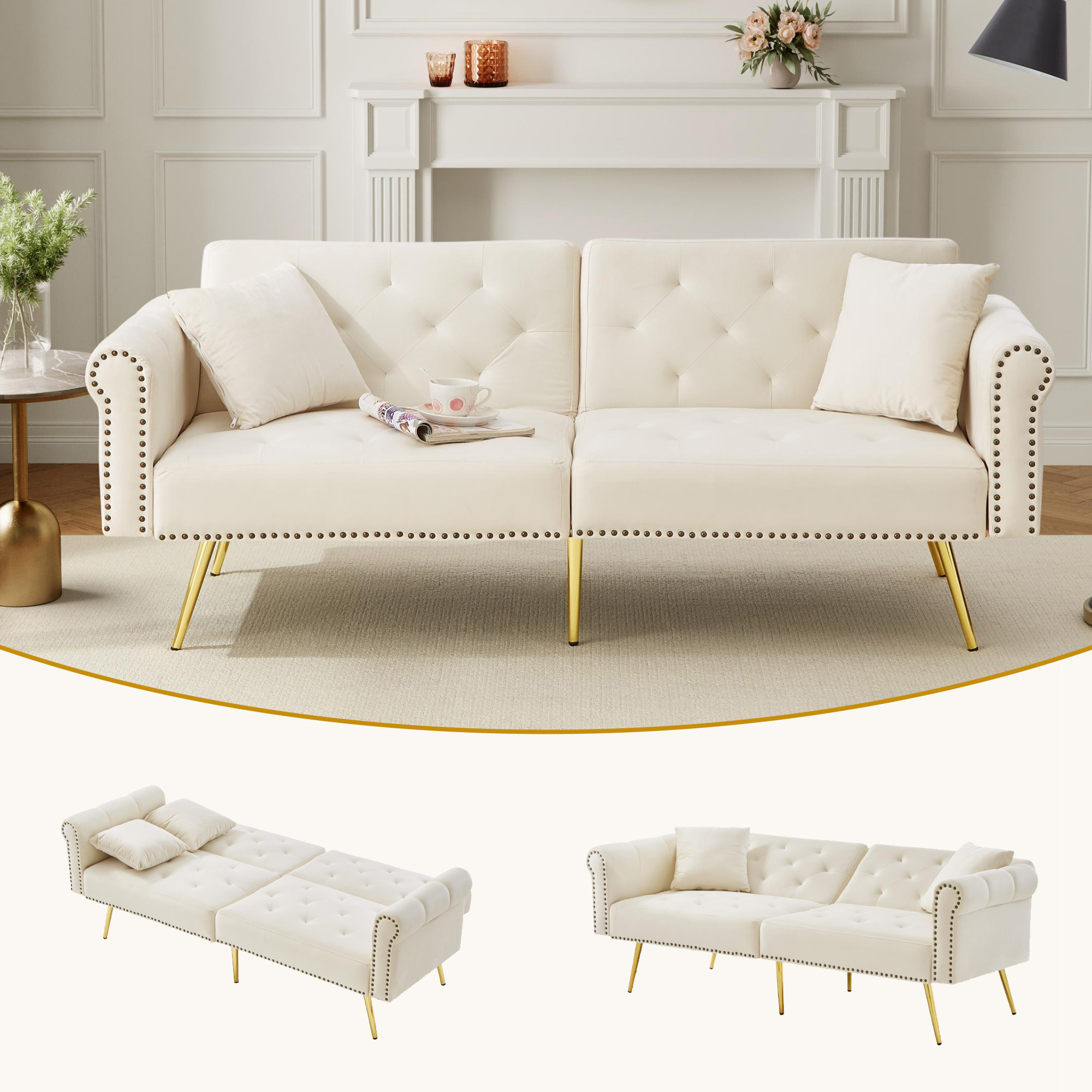 Modernes 2-Sitzer-Schlafsofa – Samtbezug, Rückenle