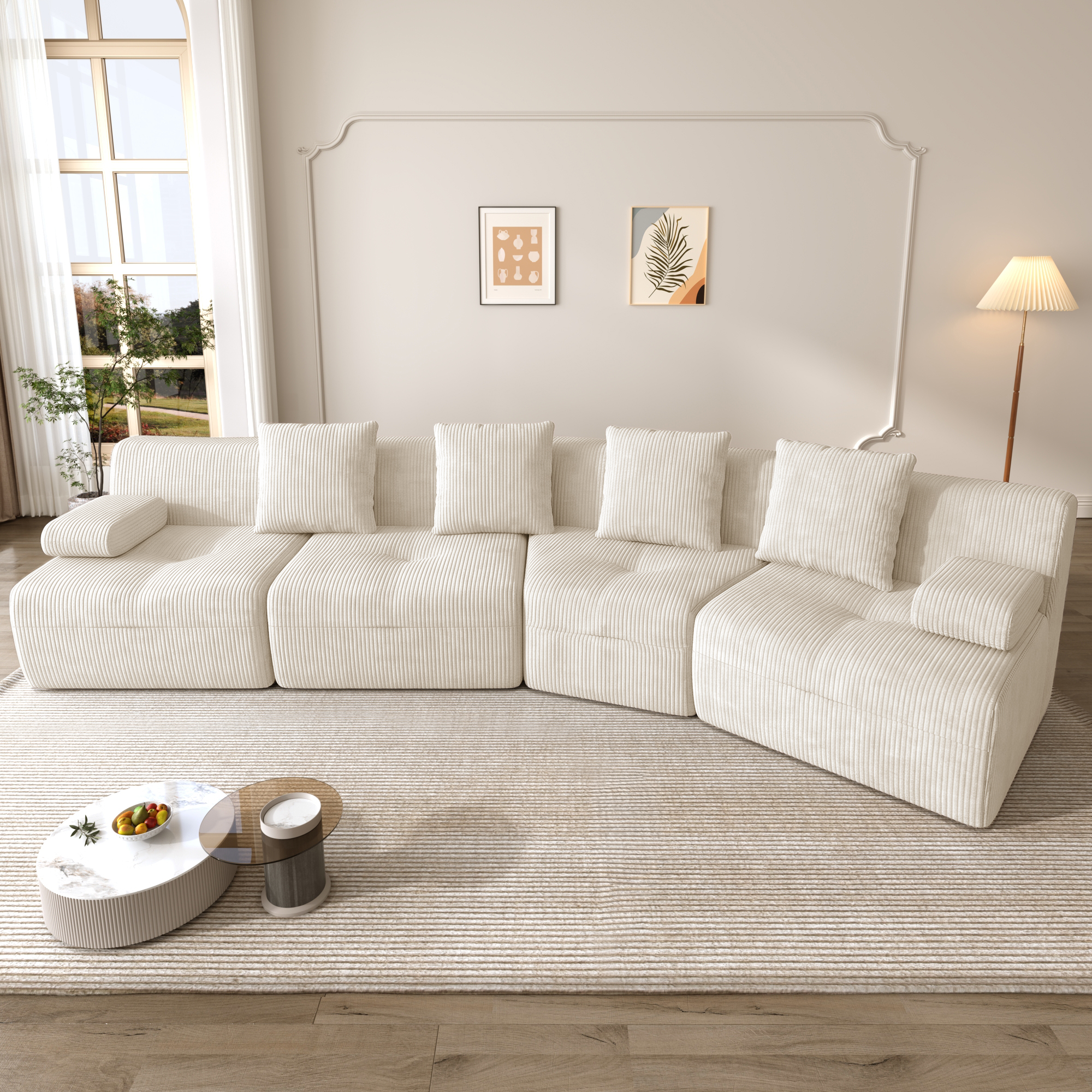 Canapé 4 places 311 x 90 x 65 cm, modulable, sans montage, en velours côtelé, Light beige - vue complémentaire