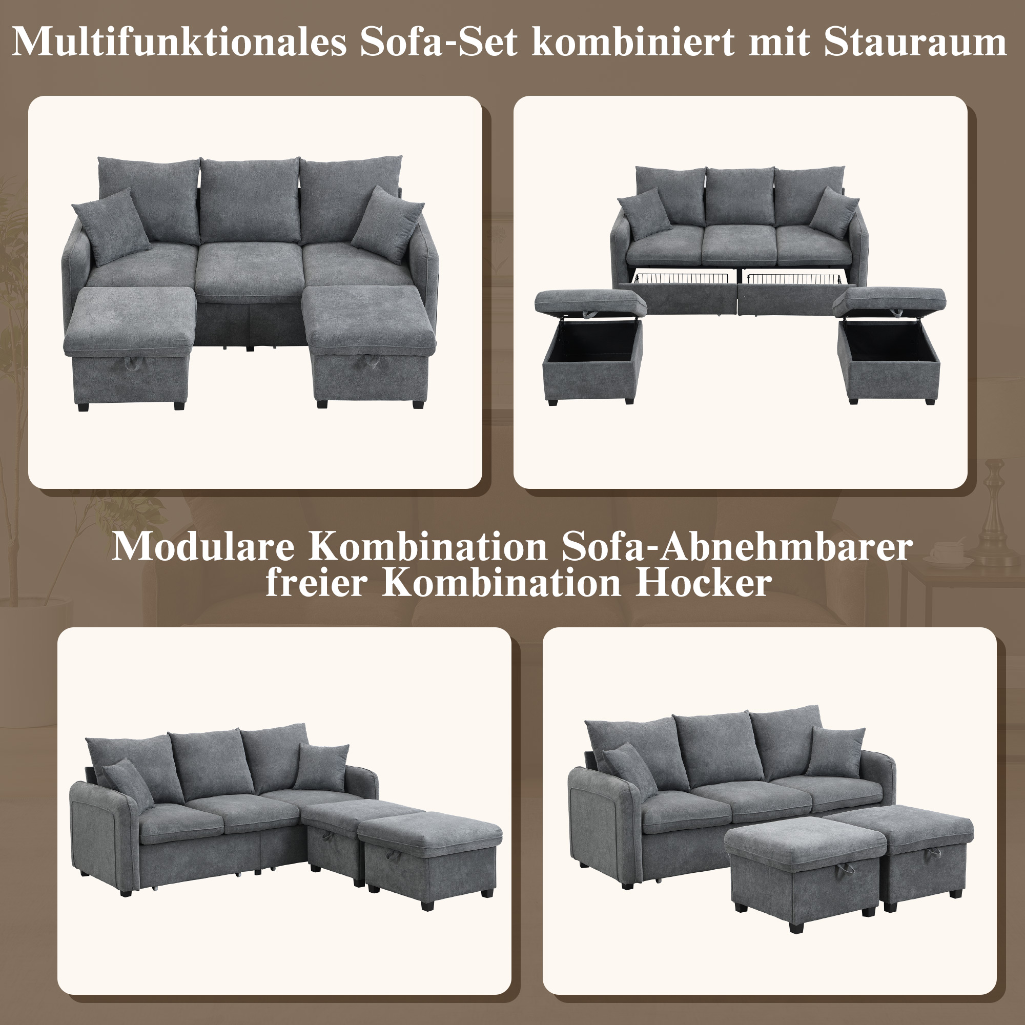 Canapé angle 3 places gris foncé chenille rangement poufs