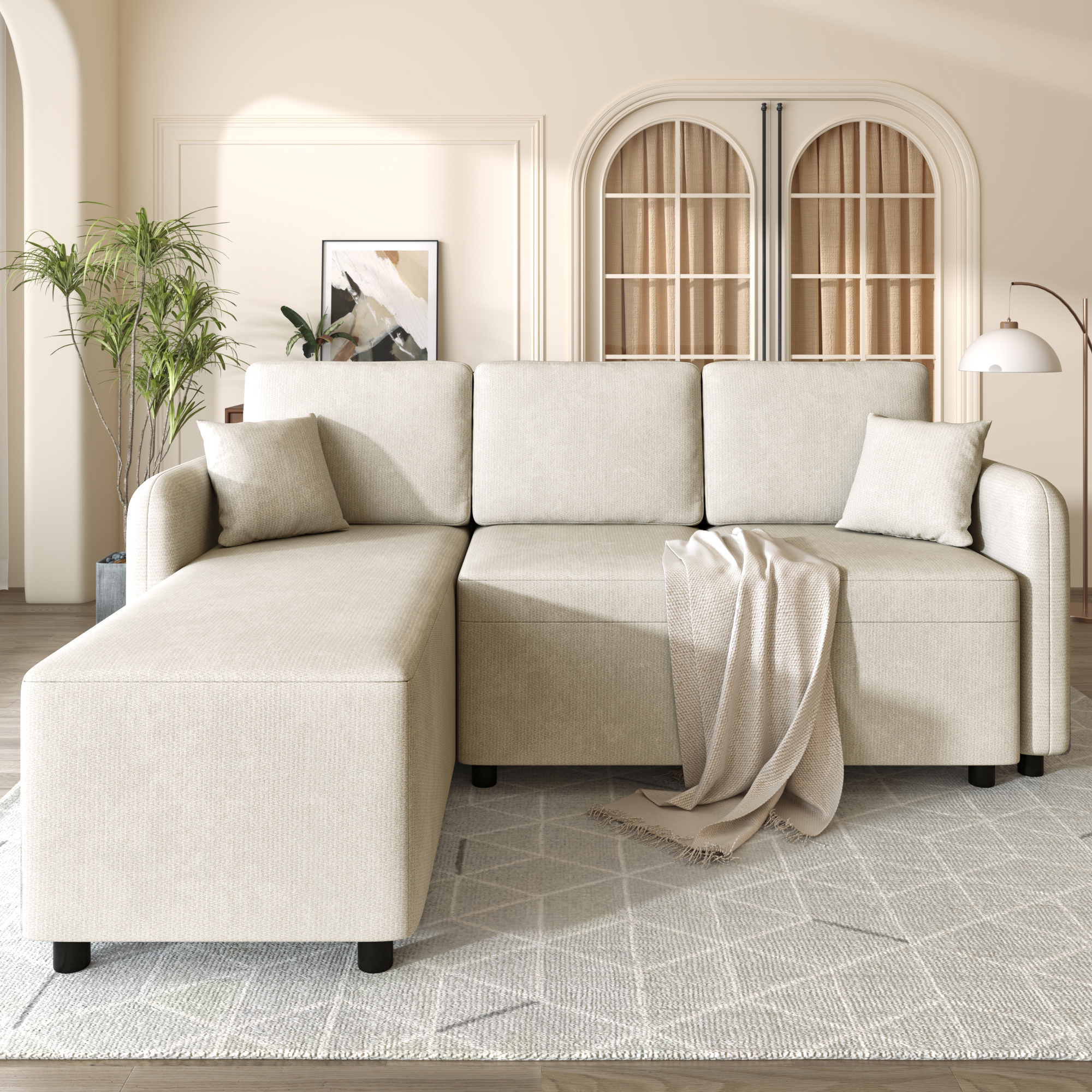 Canapé d’angle en L 3 places 187,5 x 144 x 85,5 cm, en chenille, Light beige - vue principale