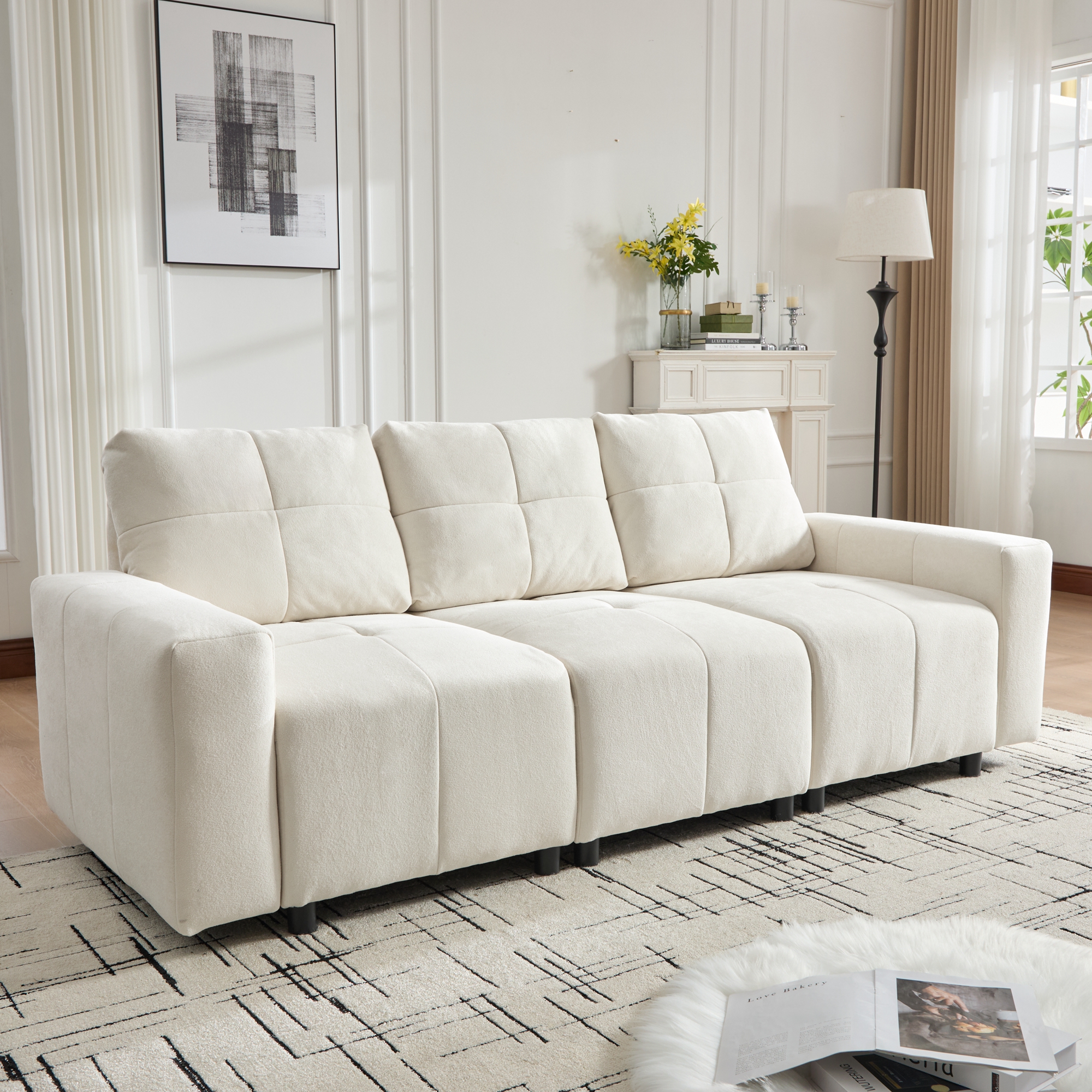 Canapé 3 places beige blanc chenille convertible modulable