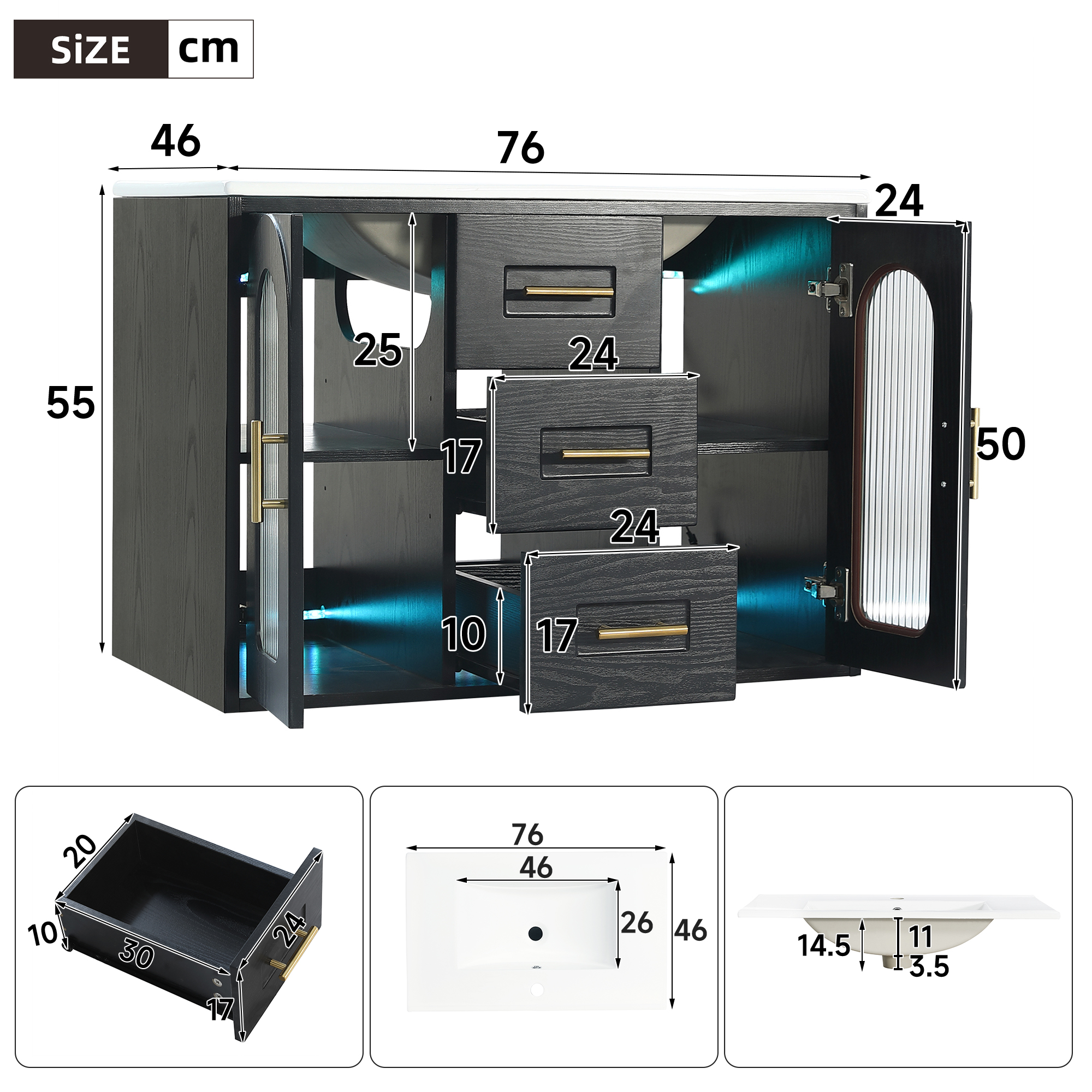 Meuble sous vasque 76x46x55 cm en MDF + verre Noir - vue complémentaire 1