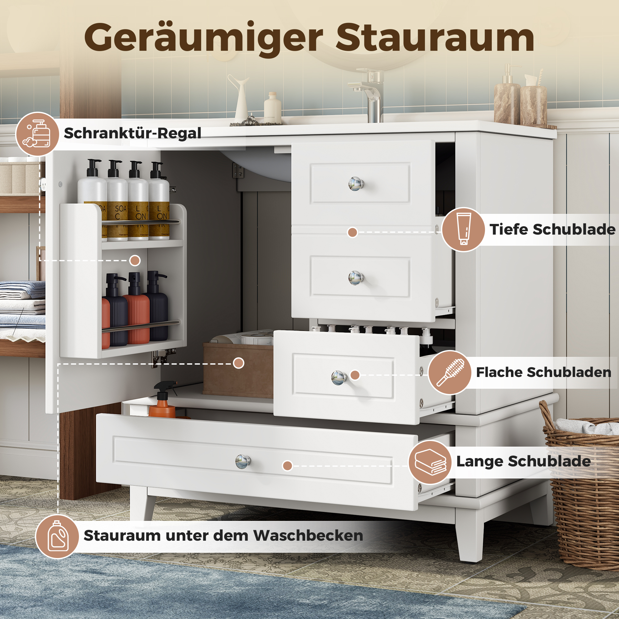 81cm freistehender Badezimmerschrank weiß lackiert
