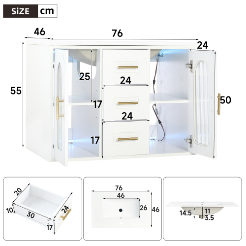 Dimensions du meuble vasque suspendu blanc de 76 cm