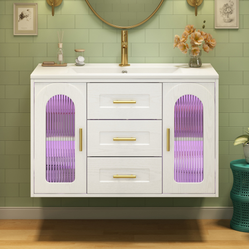 Meuble vasque suspendu blanc de 76 cm avec tiroirs et placards