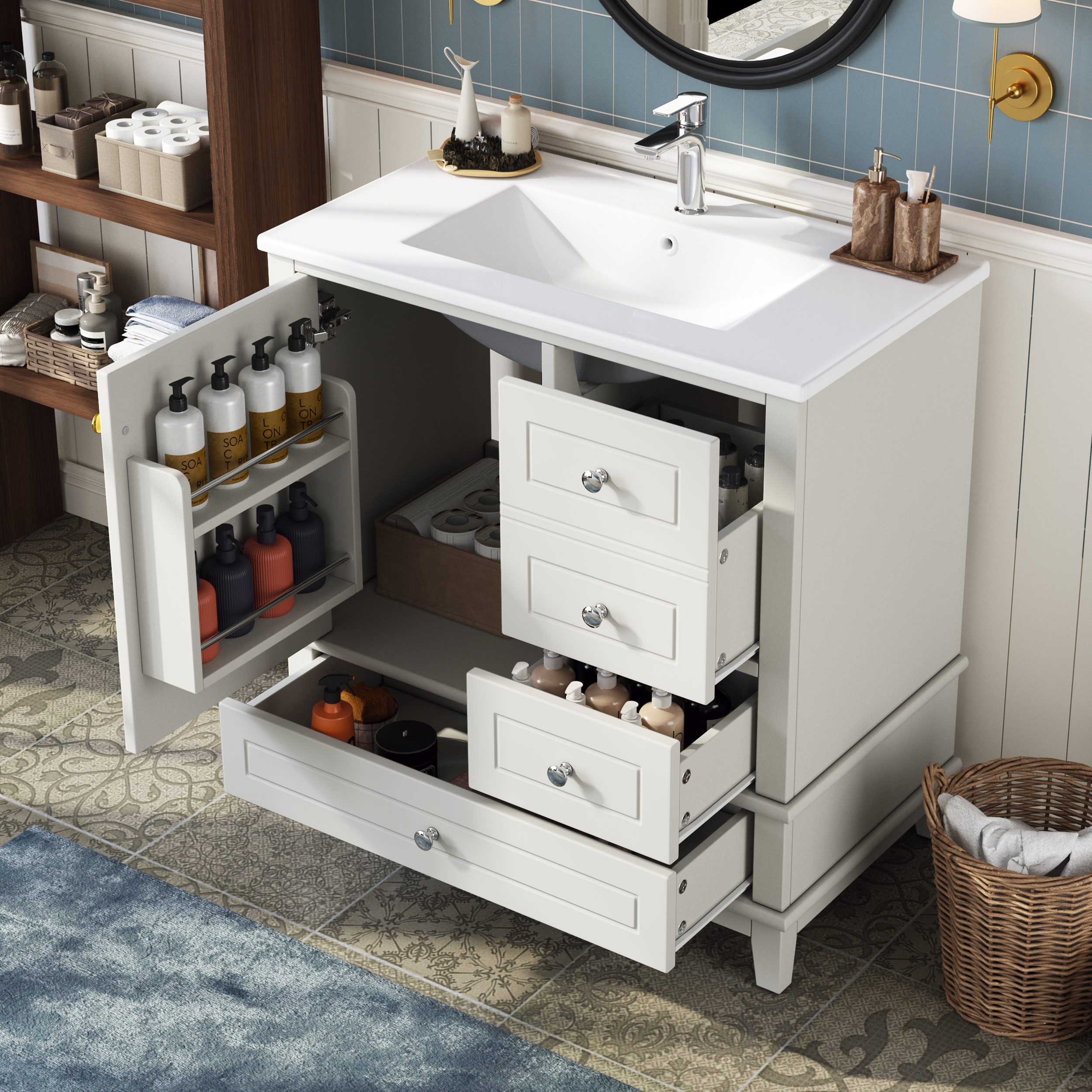81cm freistehender Badezimmerschrank weiß lackiert
