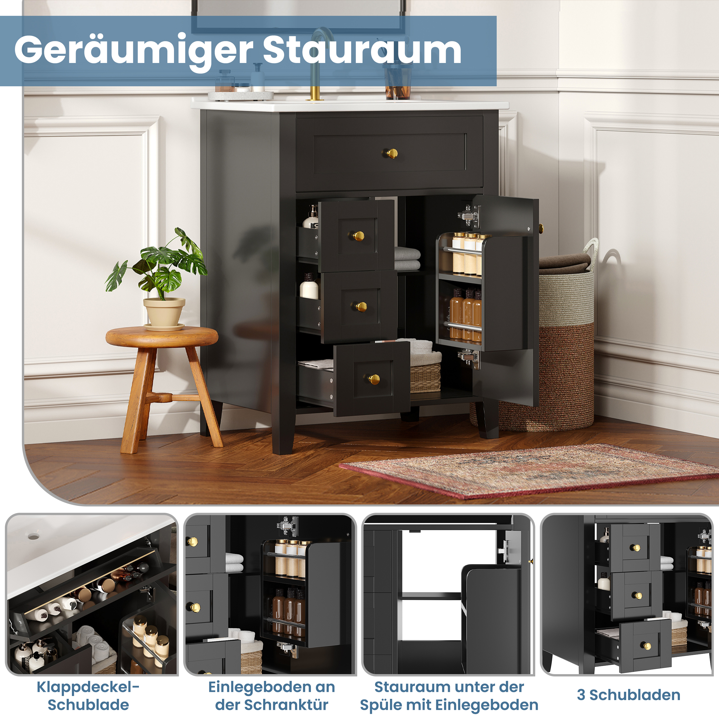 61 cm freistehender Badezimmerschrank mit hochglän