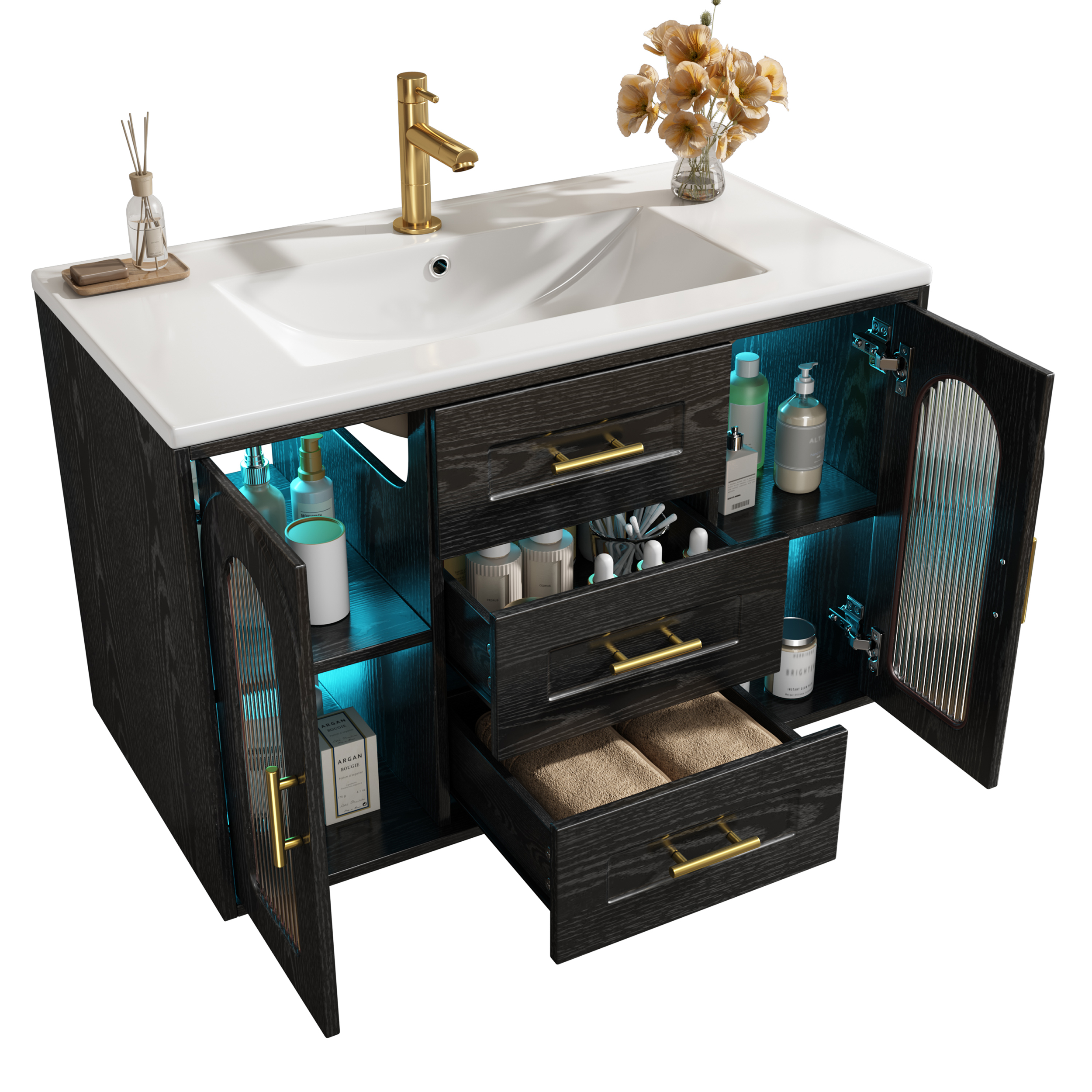 Meuble sous vasque 76x46x55 cm en MDF + verre Noir - présentation 1