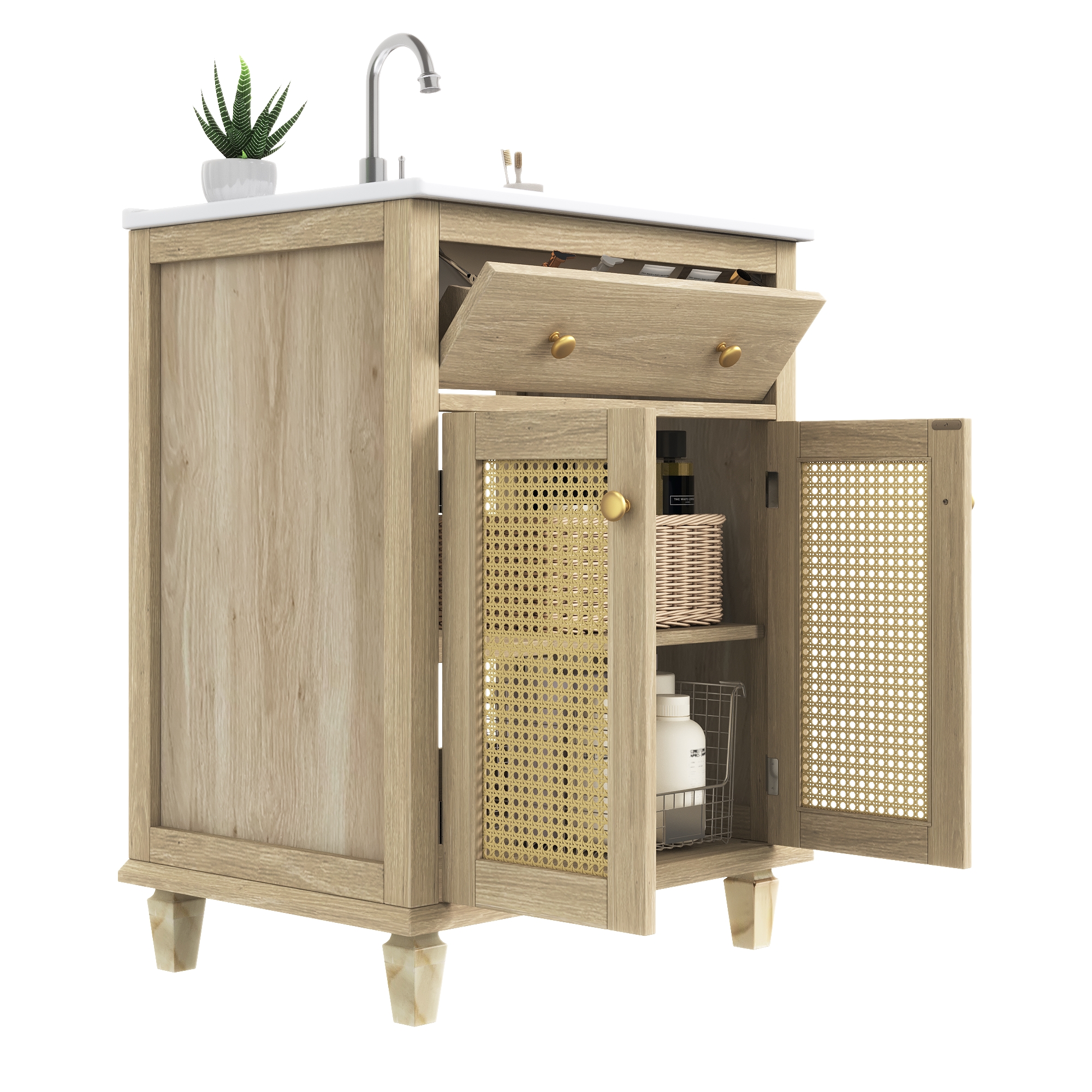 Meuble vasque de salle de bains, structure pliante, hauteur réglable, avec tiroirs, détails en rotin, 61 x 47 x 87 cm, rotin, bois naturel - vue 5