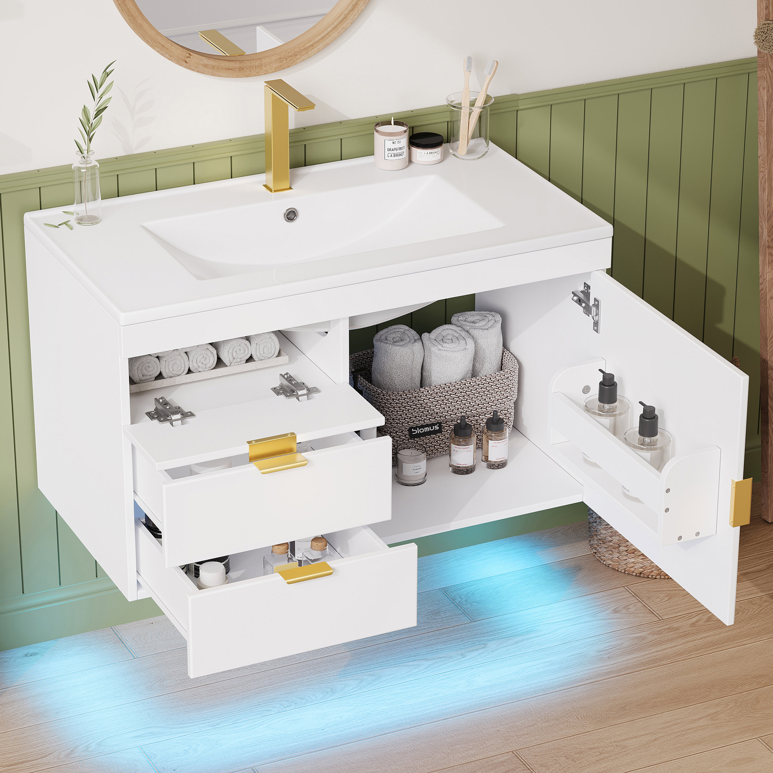 Badezimmerschrank 76cm mit Waschbecken, Wandhängen
