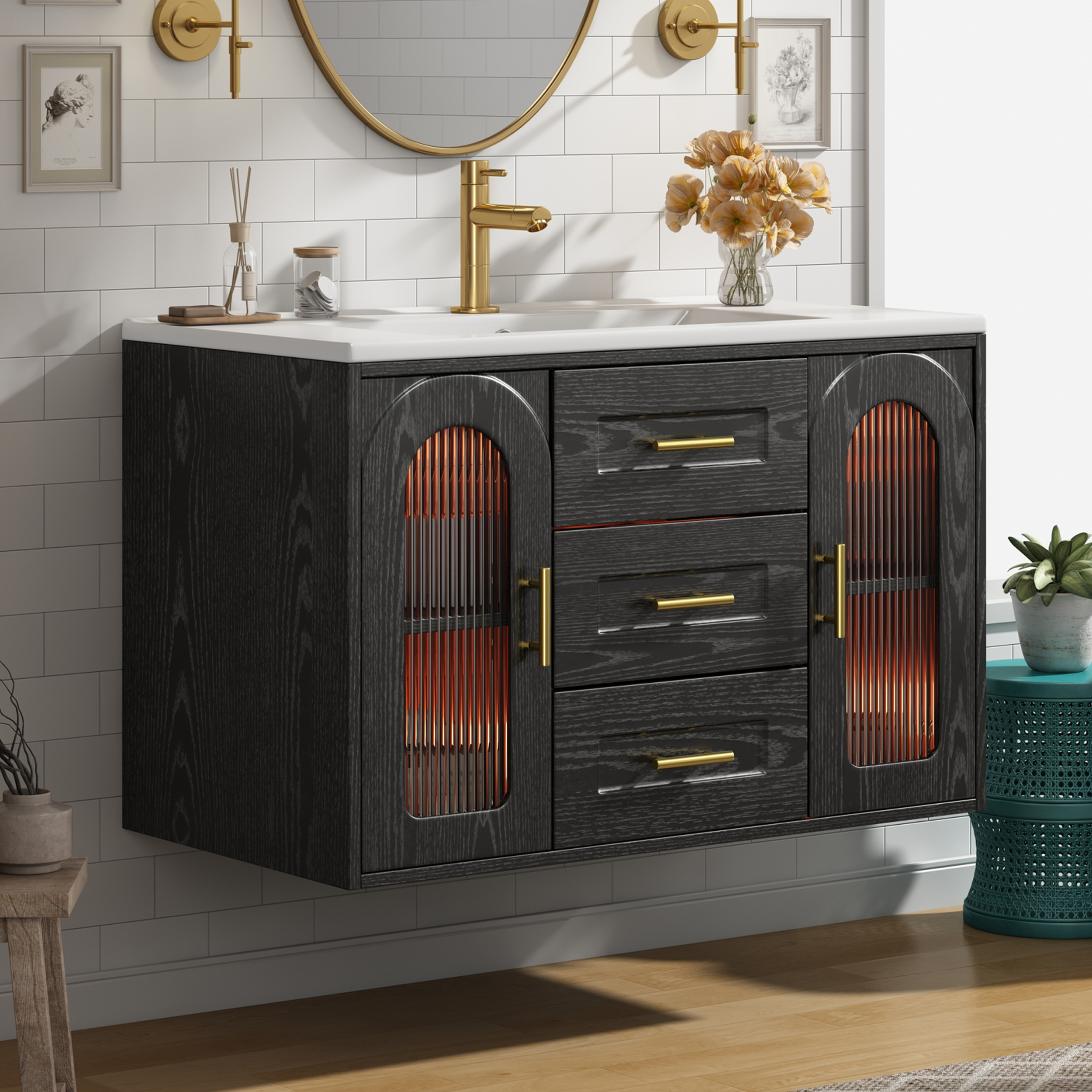 Meuble sous vasque 76x46x55 cm en MDF + verre Noir - vue principale 1