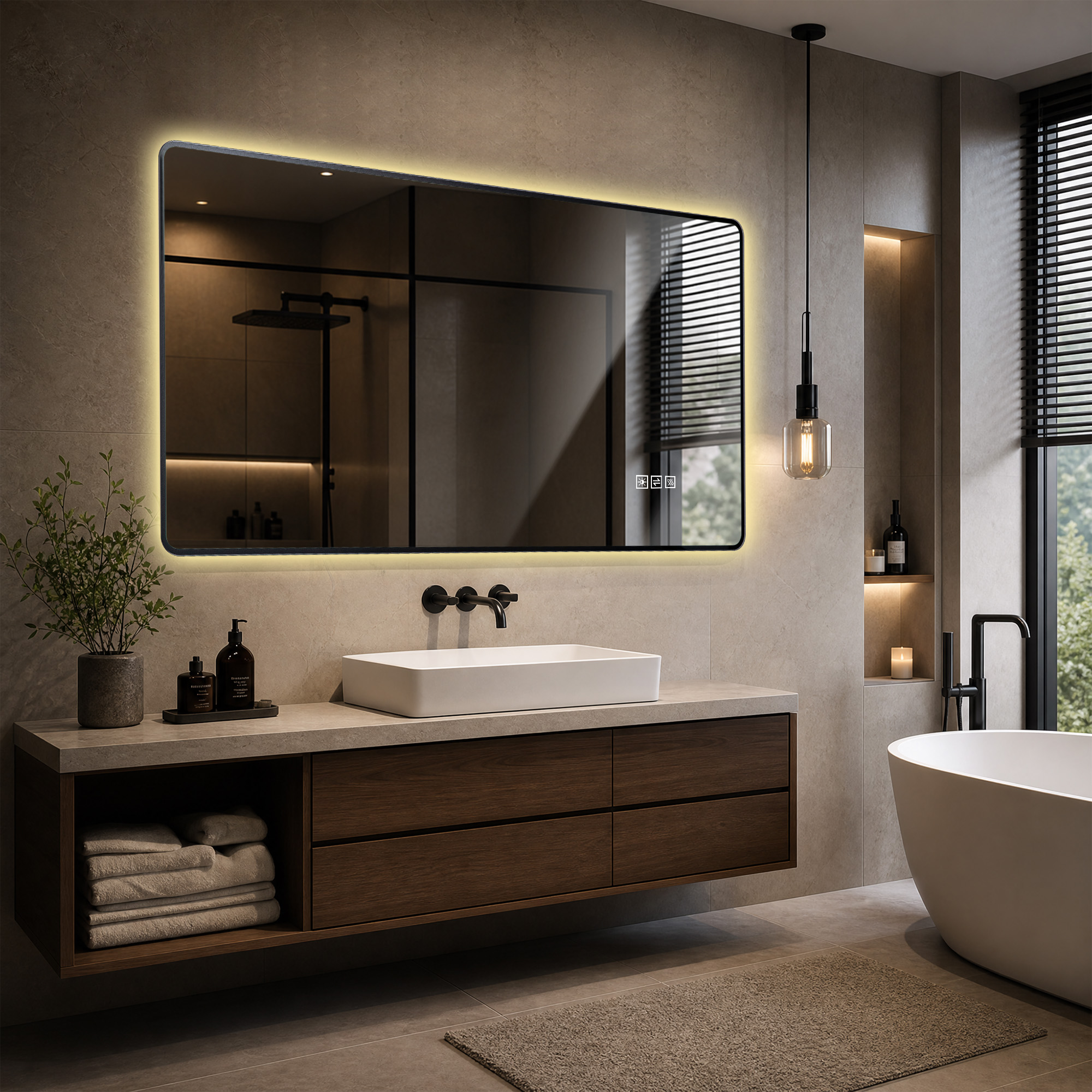 Miroir de salle de bains LED, éclairage LED, fonction anti-buée, 3 températures de couleur, intensité réglable, 120 x 60 x 3 cm, métal et verre trempé, argenté - vue 2