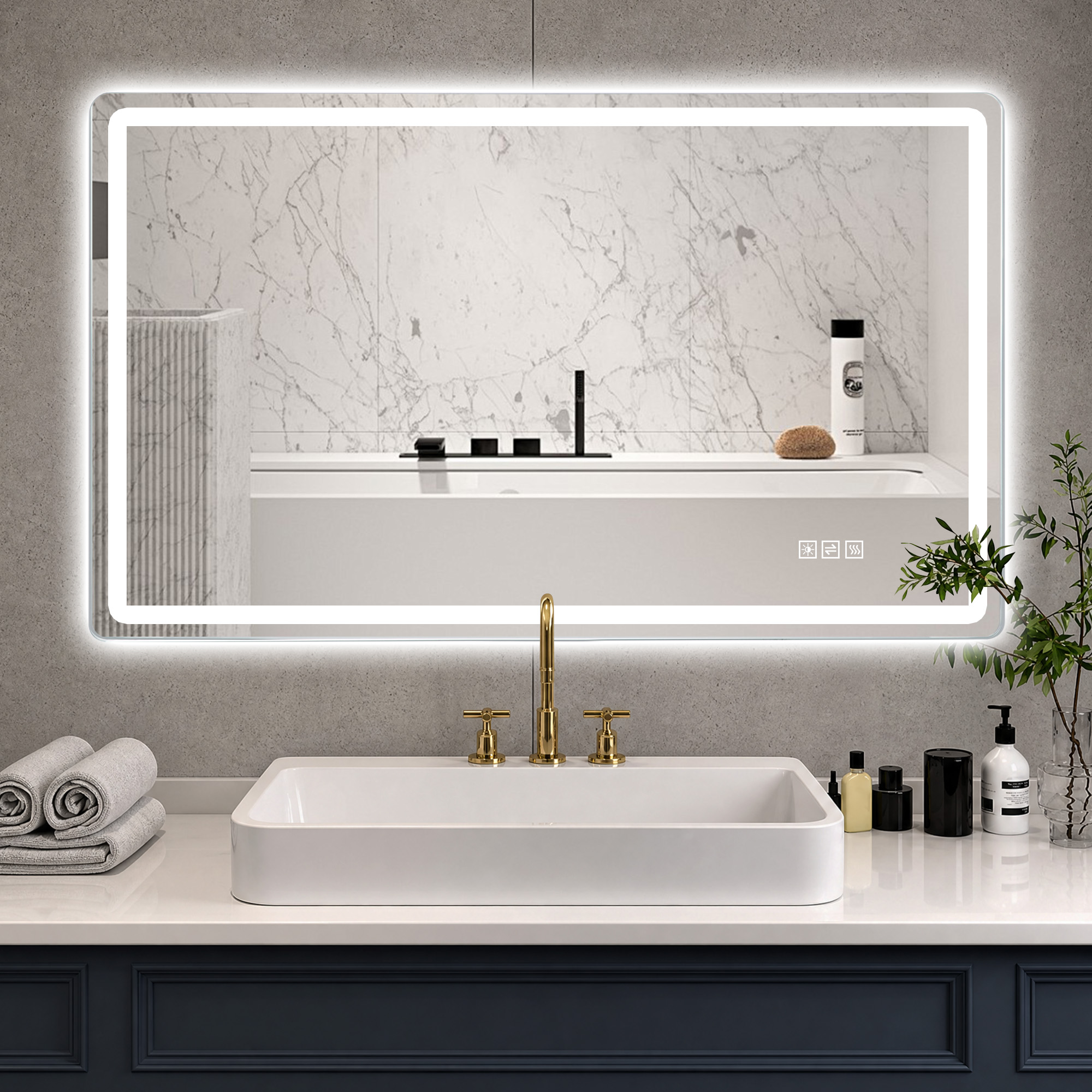Miroir de salle de bains LED, éclairage led, intensité réglable, mousse à mémoire, 120 x 60 x 2,9 cm, verre trempé et métal, argenté - vue 2