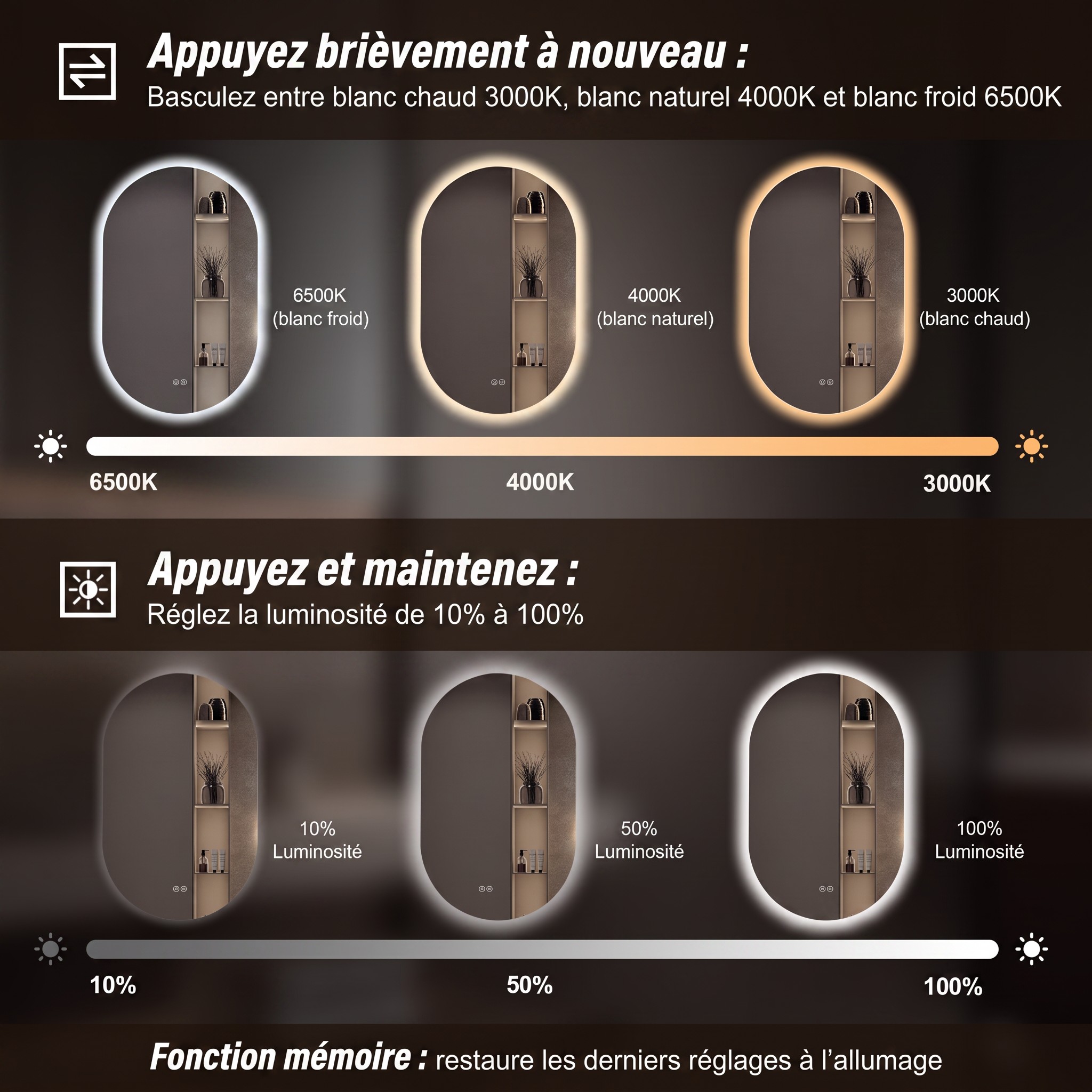 Miroir de salle de bains LED, éclairage LED, fonction anti-buée, 3 températures de couleur, intensité réglable, 80 x 50 x 3 cm, verre trempé, argenté - vue 7